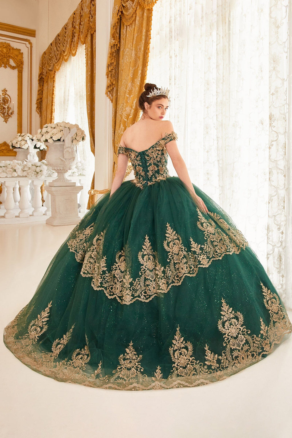 Applique Glitter Off Shoulder Ball Gown