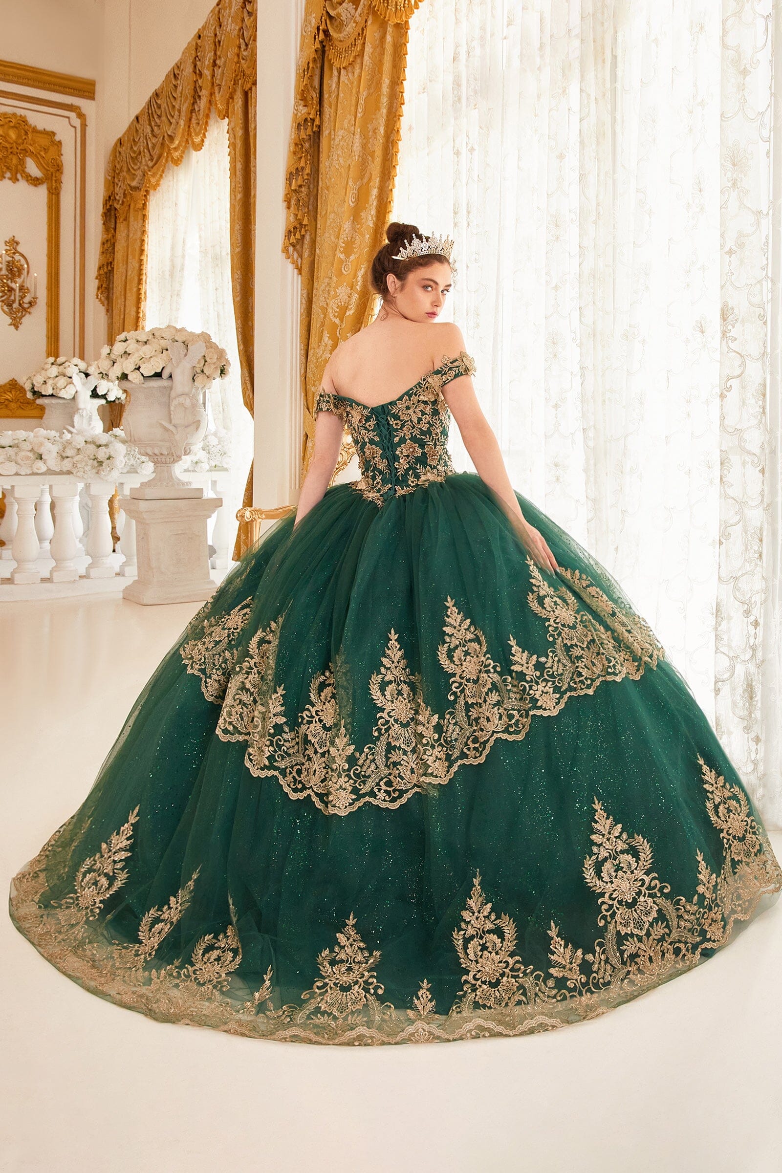 Applique Glitter Off Shoulder Ball Gown