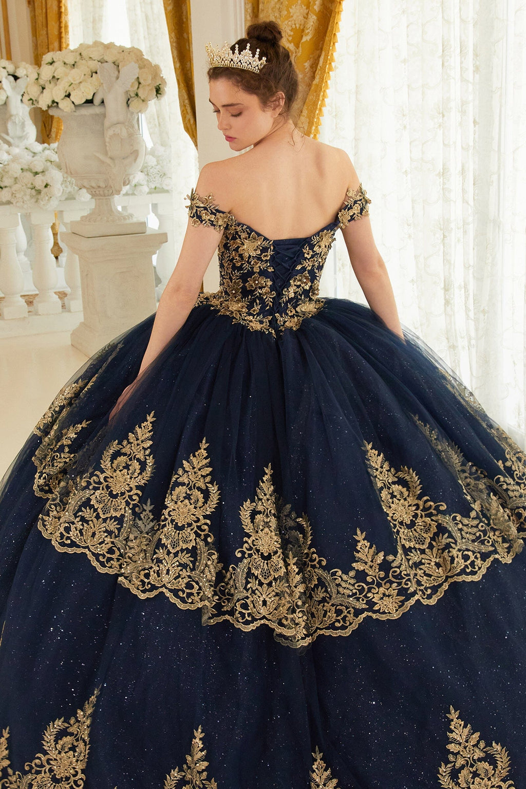 Applique Glitter Off Shoulder Ball Gown