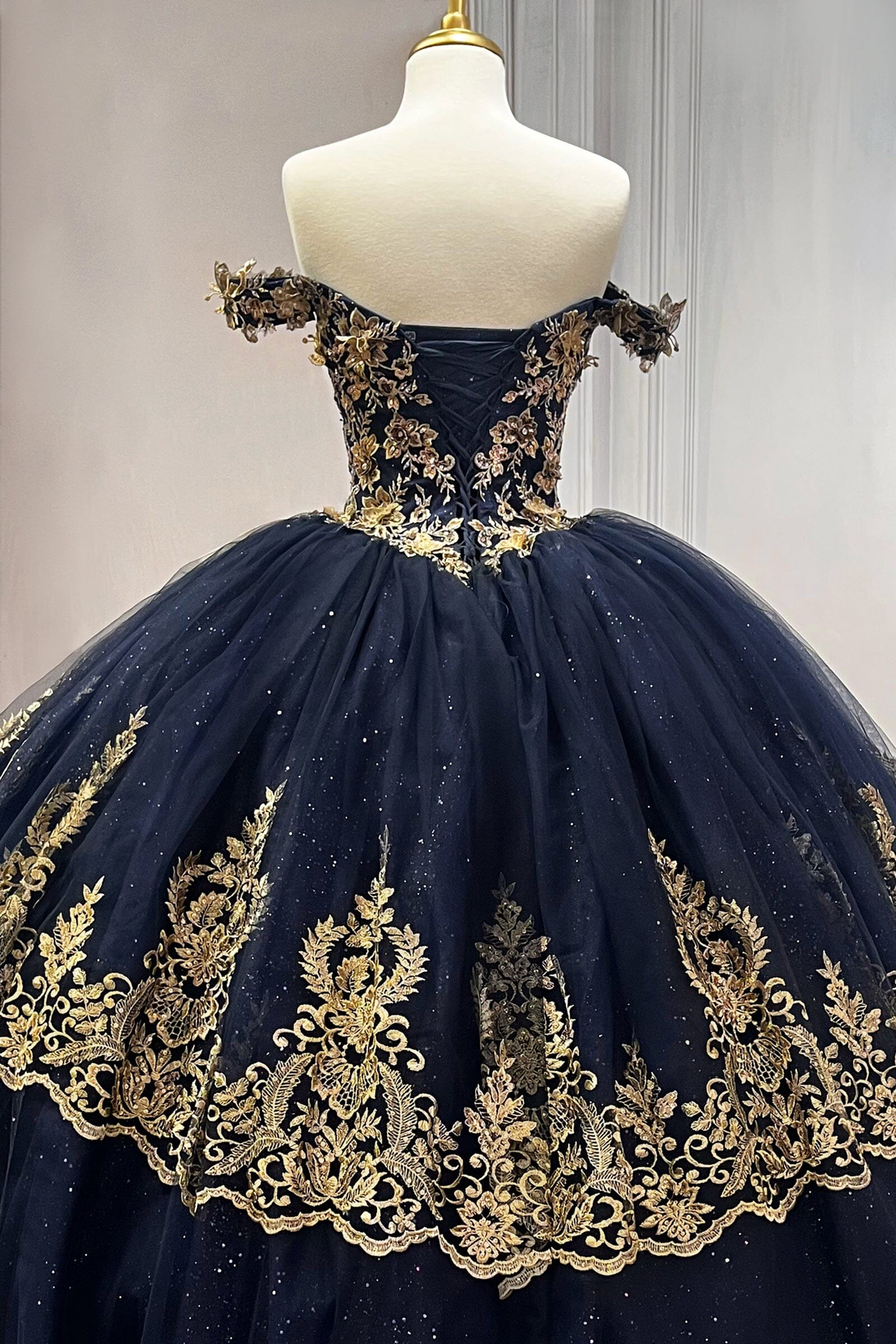Applique Glitter Off Shoulder Ball Gown