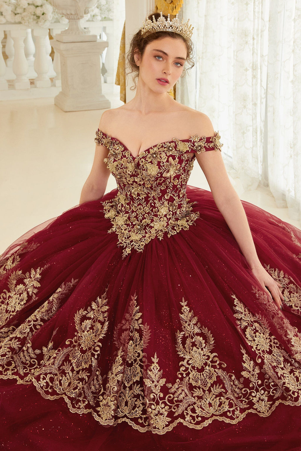 Applique Glitter Off Shoulder Ball Gown
