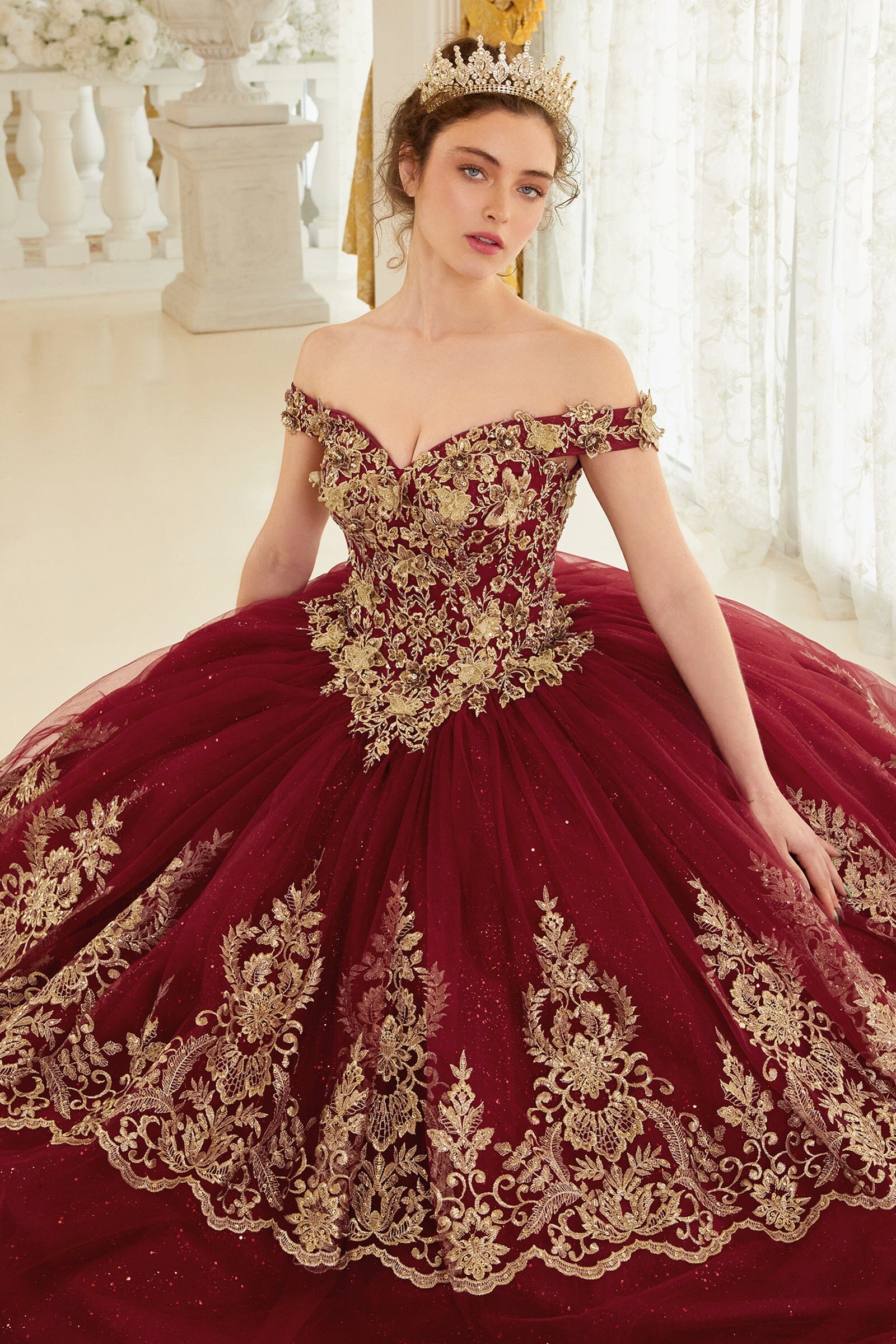 Applique Glitter Off Shoulder Ball Gown