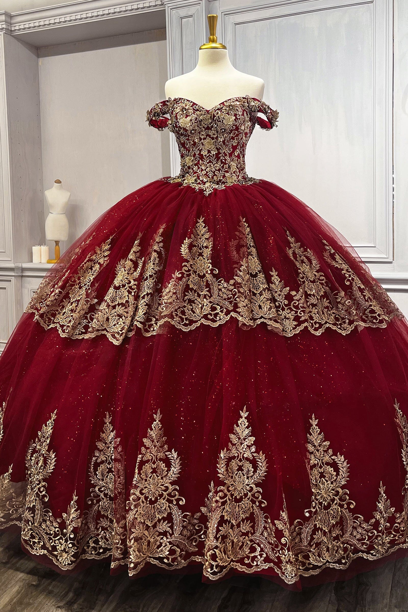 Applique Glitter Off Shoulder Ball Gown