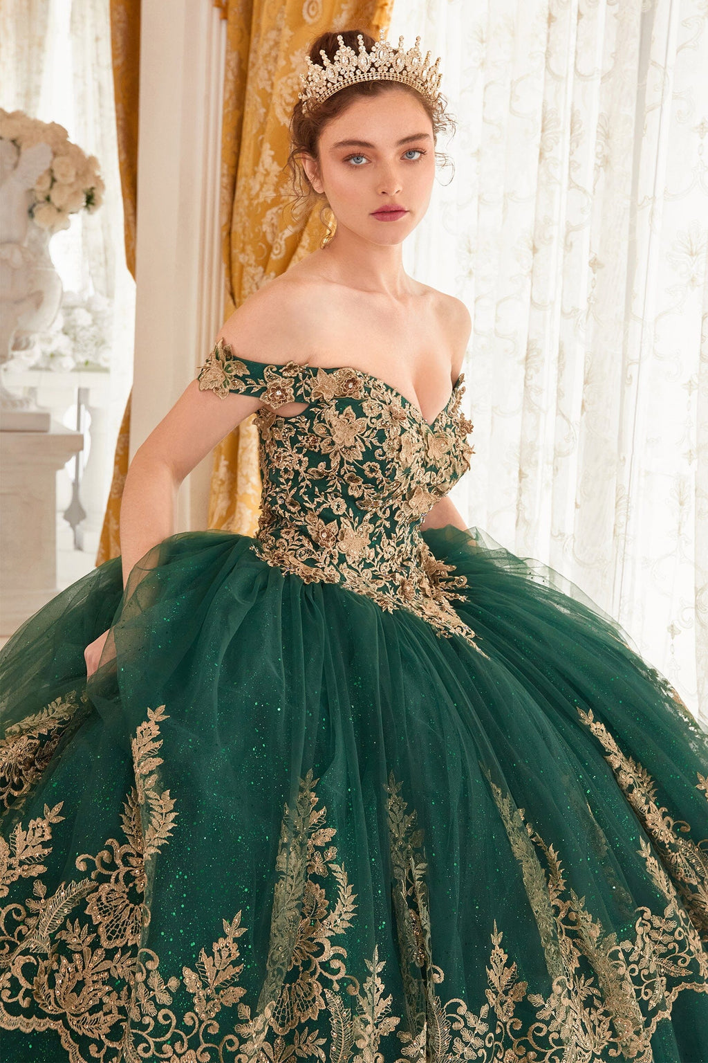 Applique Glitter Off Shoulder Ball Gown