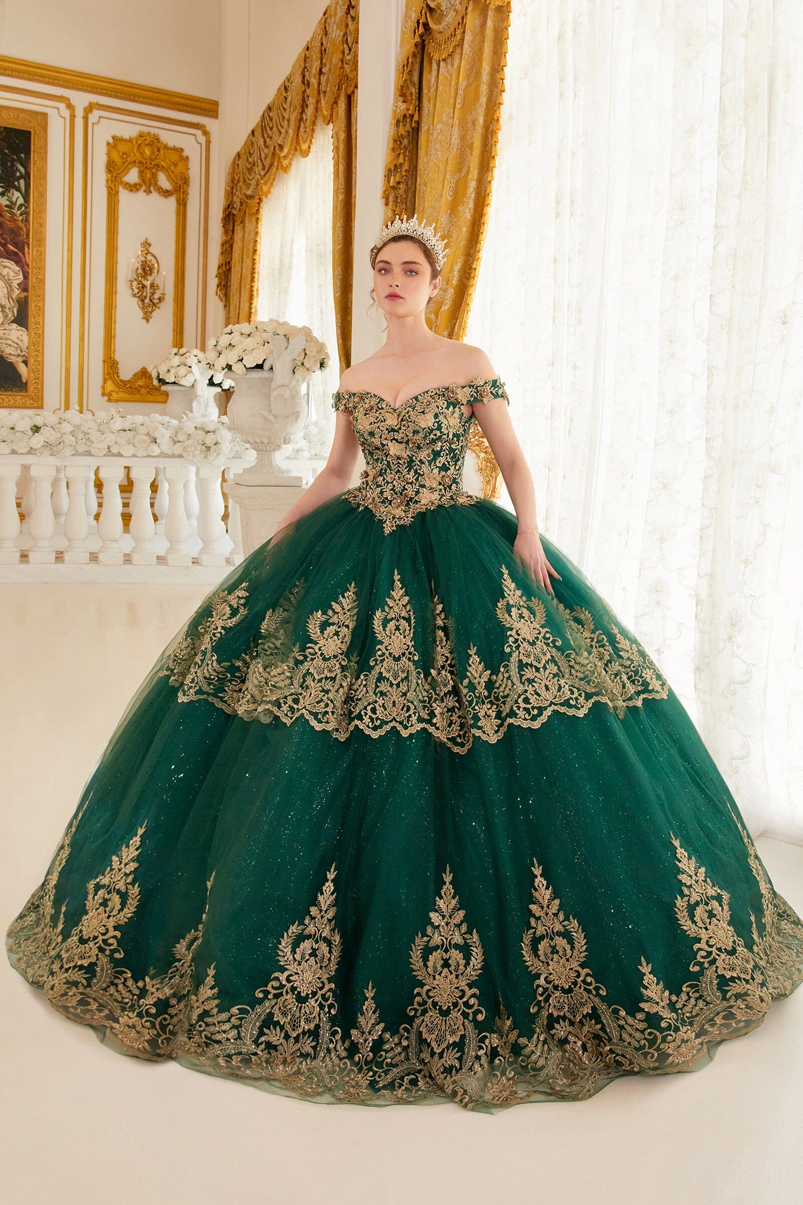 Applique Glitter Off Shoulder Ball Gown