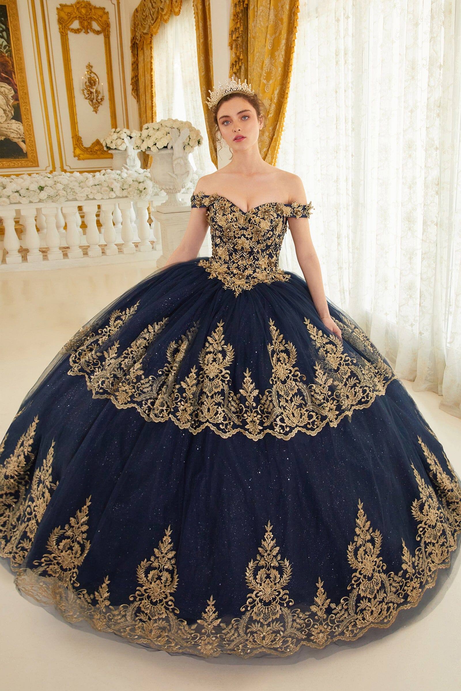 Applique Glitter Off Shoulder Ball Gown