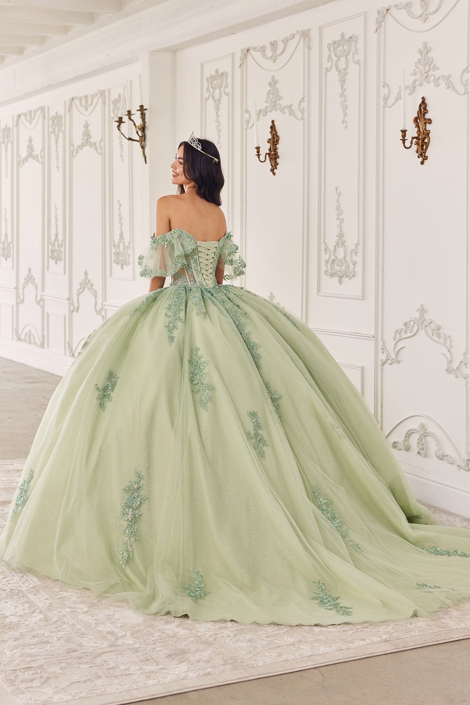 Applique Off Shoulder Short Sleeve Ball Gown