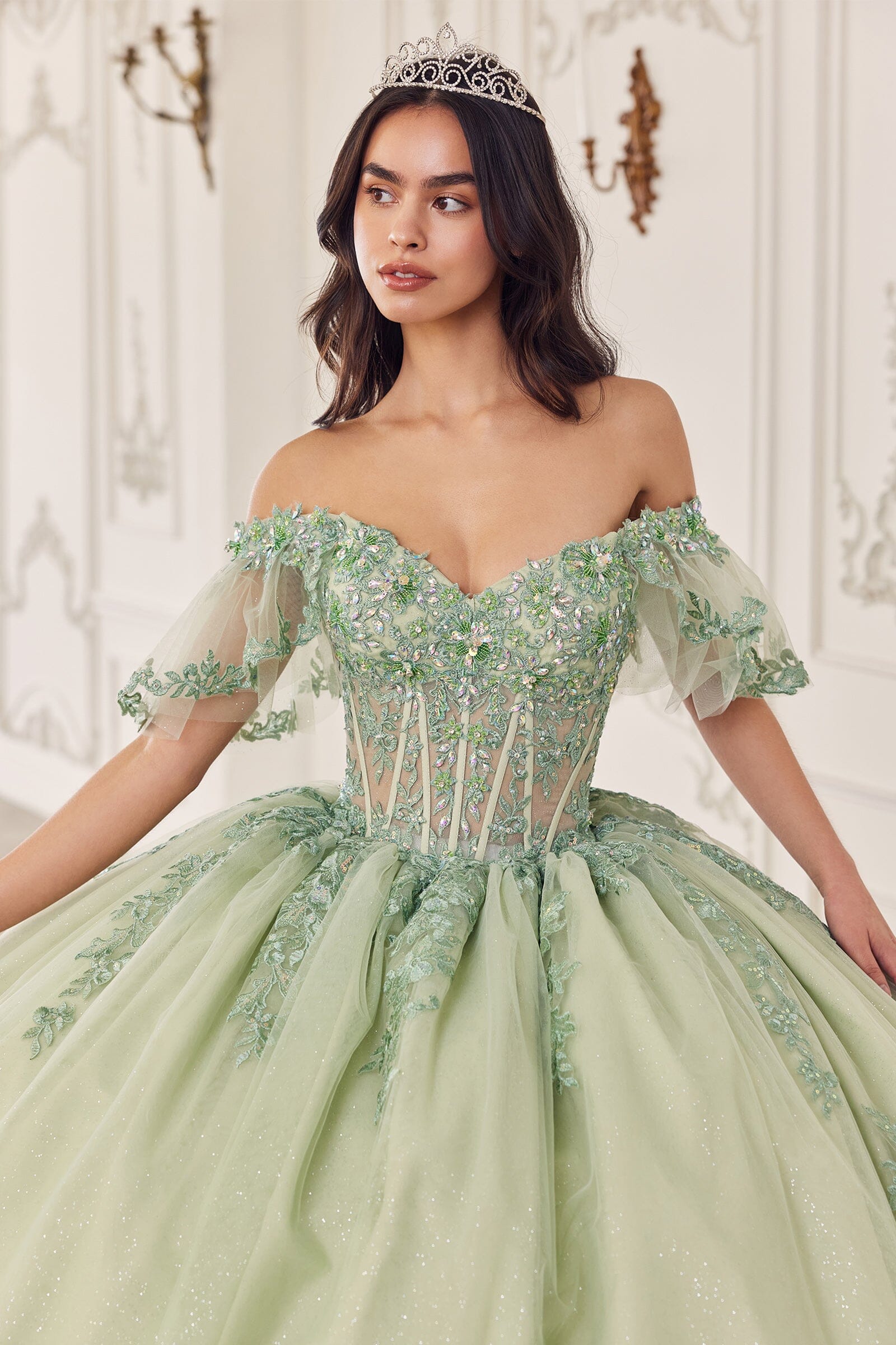 Applique Off Shoulder Short Sleeve Ball Gown