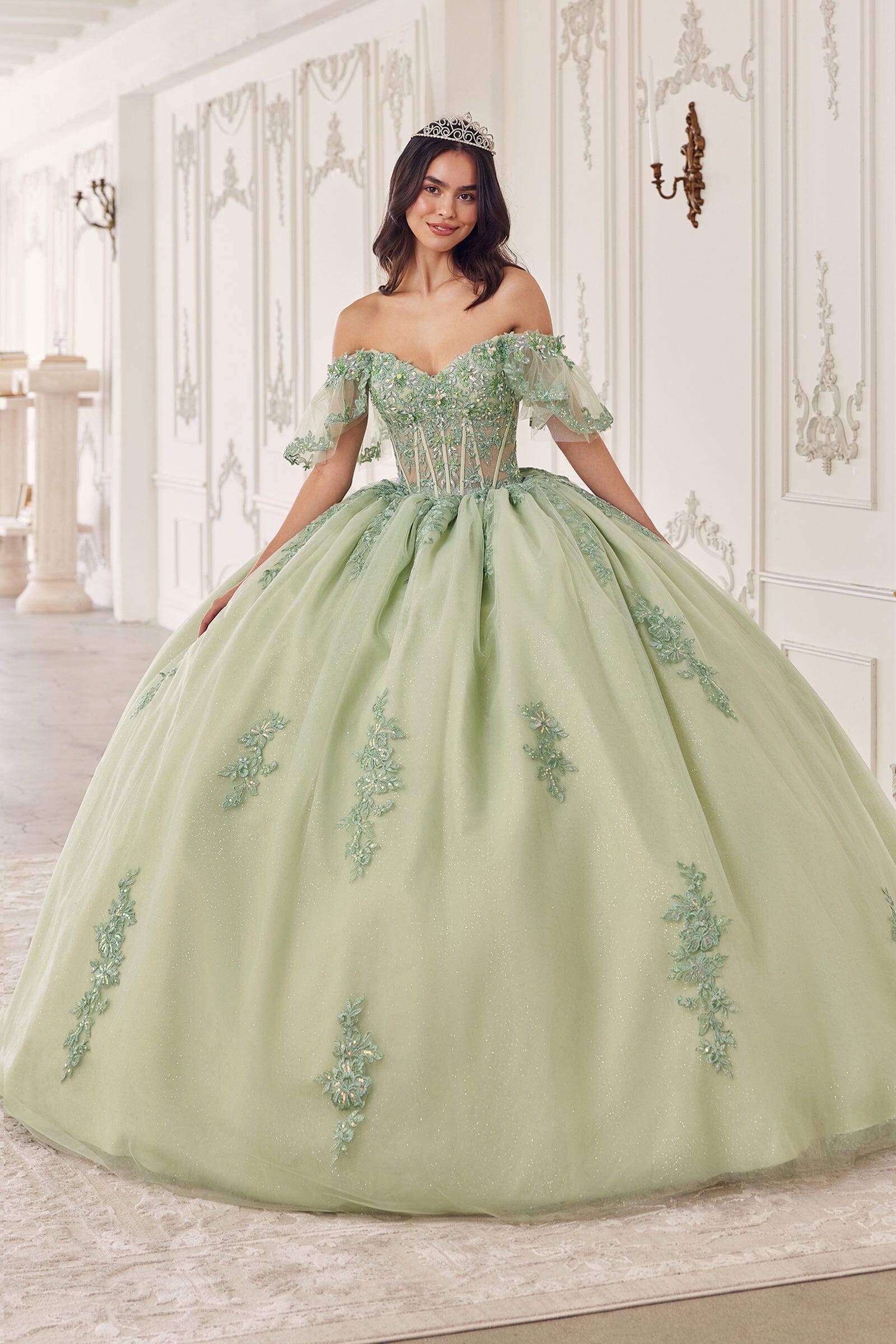 Applique Off Shoulder Short Sleeve Ball Gown