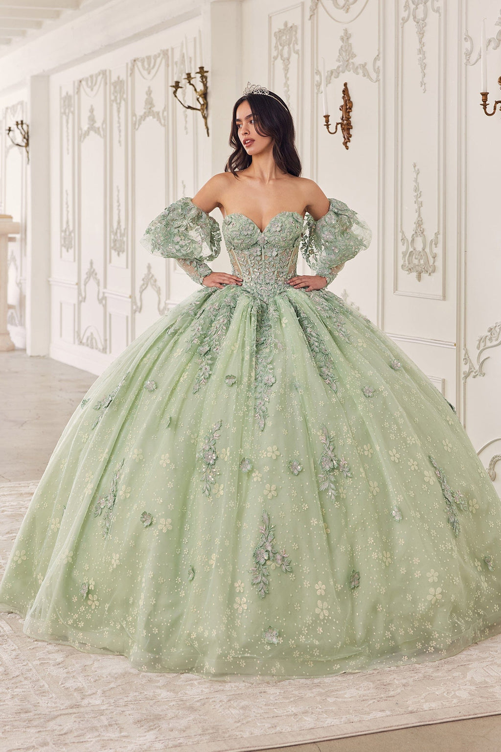 Applique Strapless Puff Sleeve Ball Gown