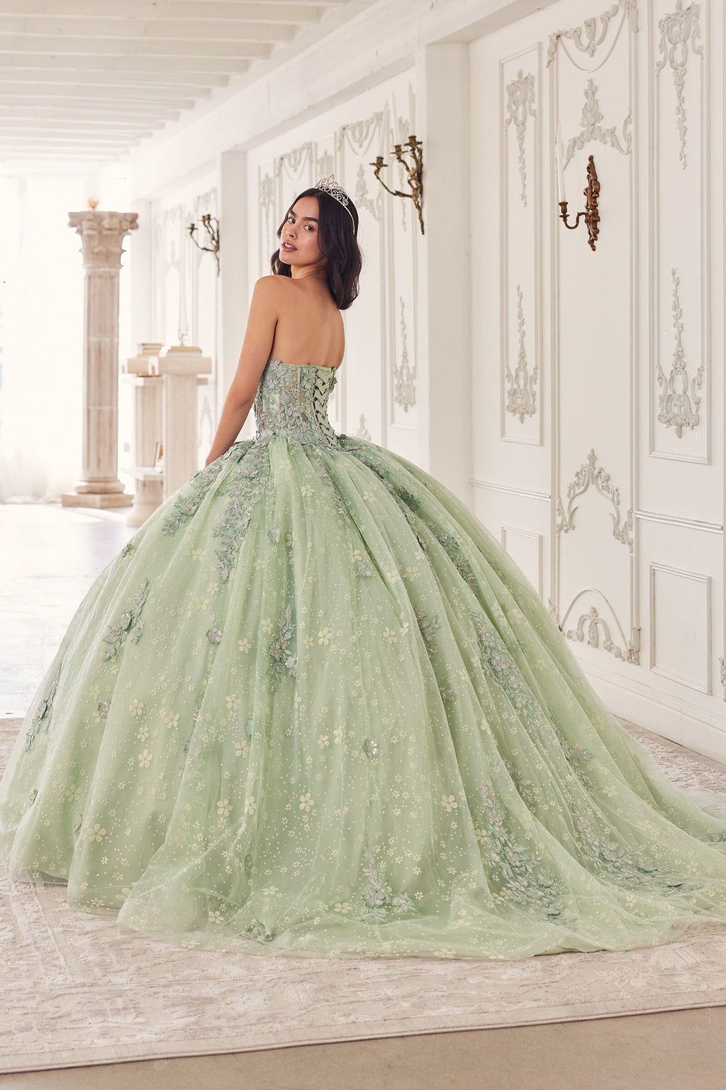 Applique Strapless Puff Sleeve Ball Gown