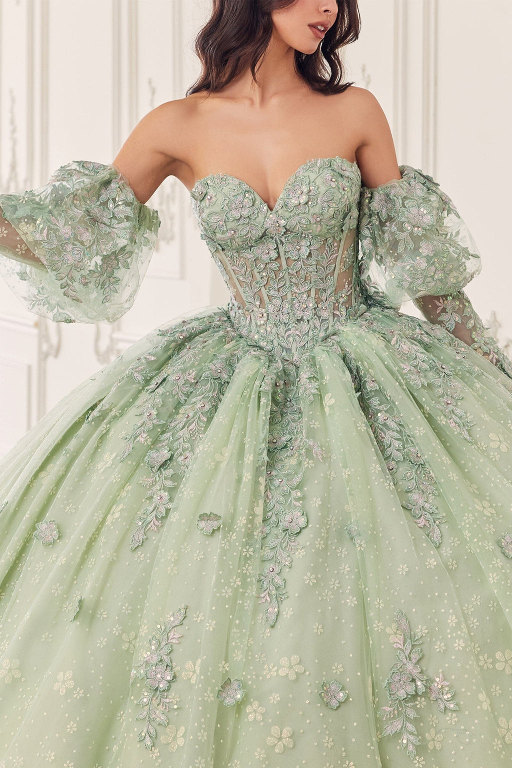 Applique Strapless Puff Sleeve Ball Gown