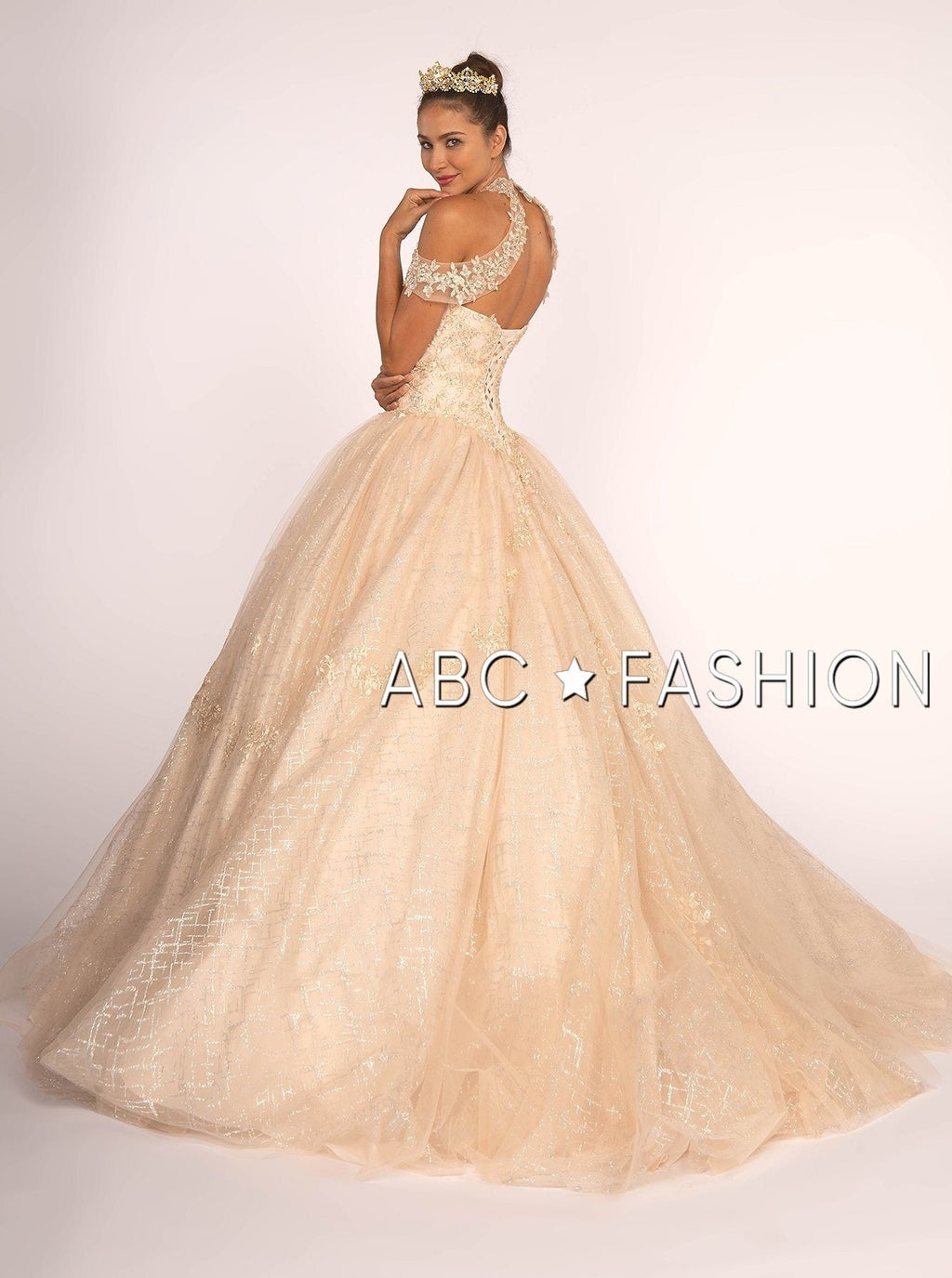 Embroidered Halter Ball Gown with Glitter Skirt by Elizabeth K GL2602