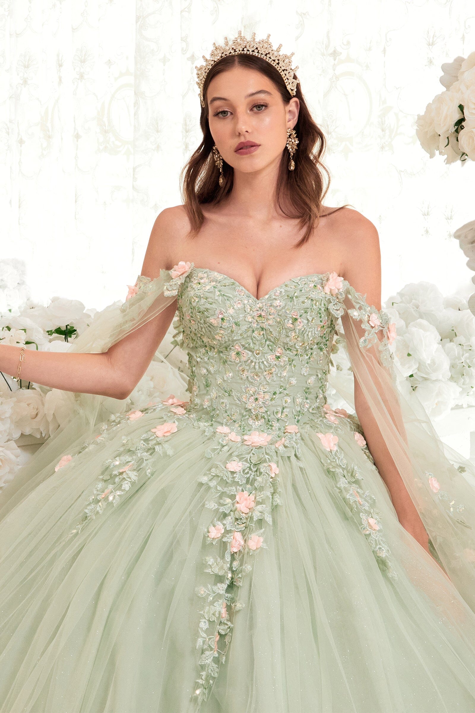 Floral Applique Cape Sleeve Ball Gown