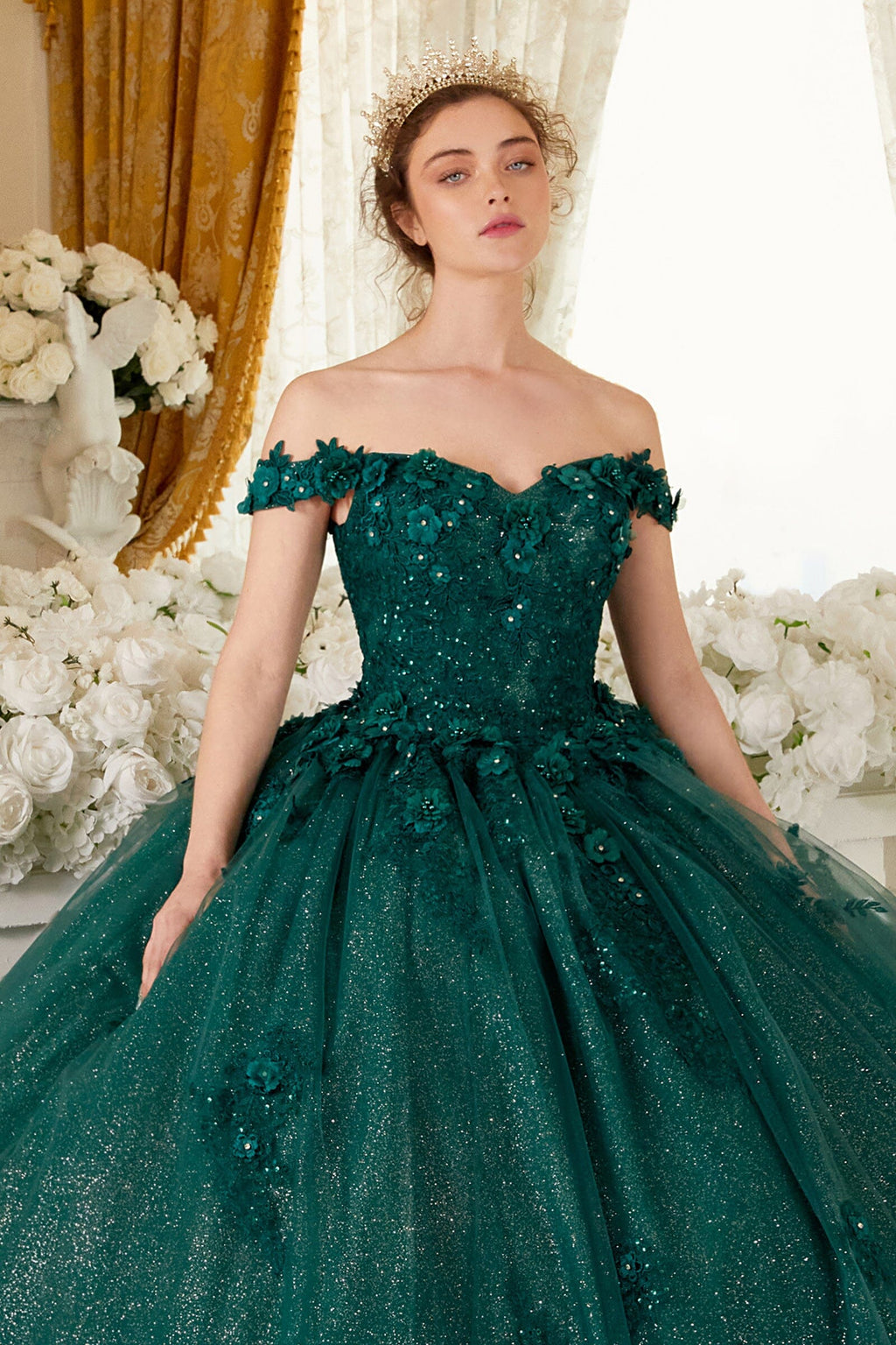 Floral Applique Off Shoulder Ball Gown