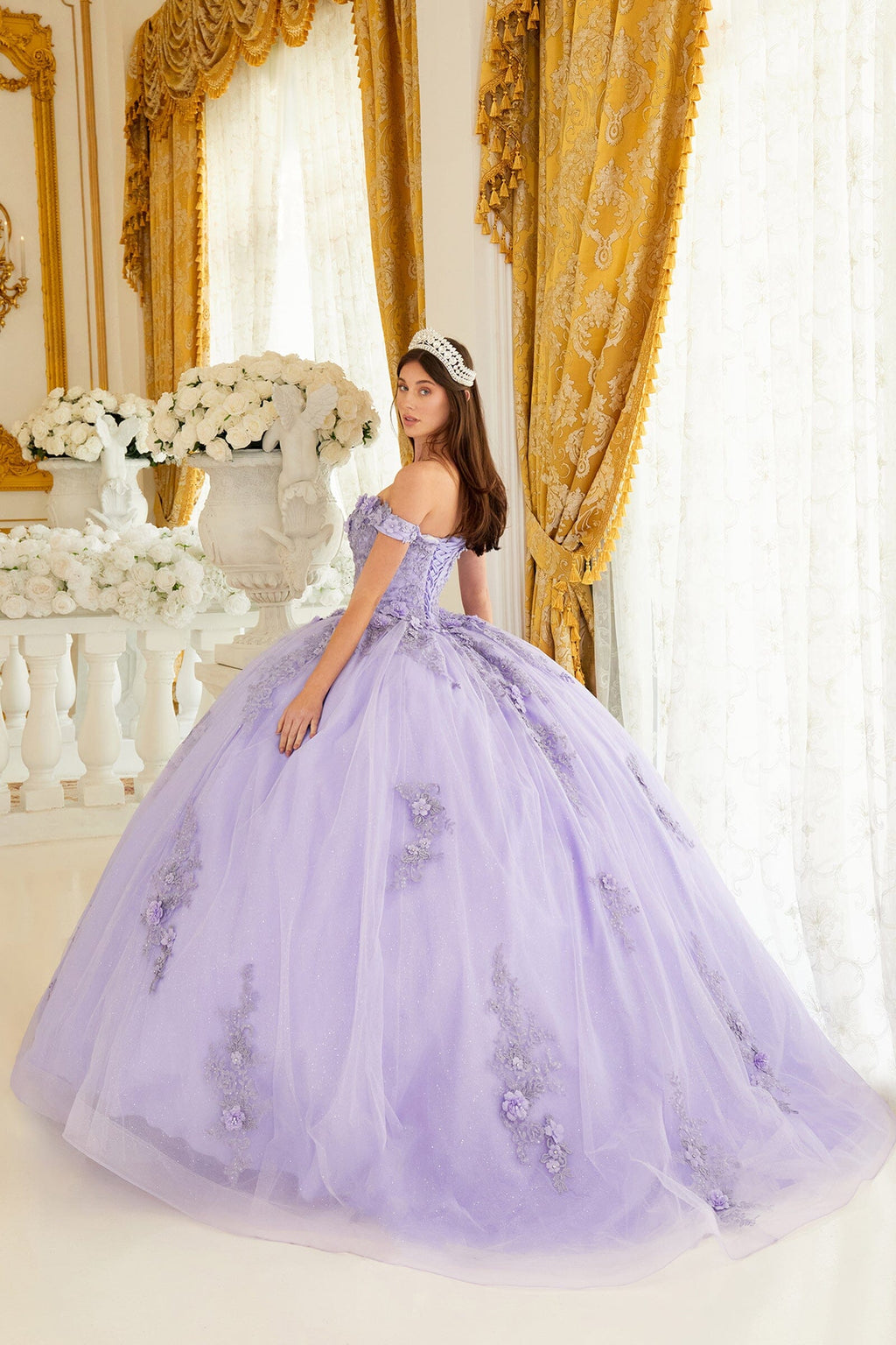 Floral Applique Off Shoulder Ball Gown