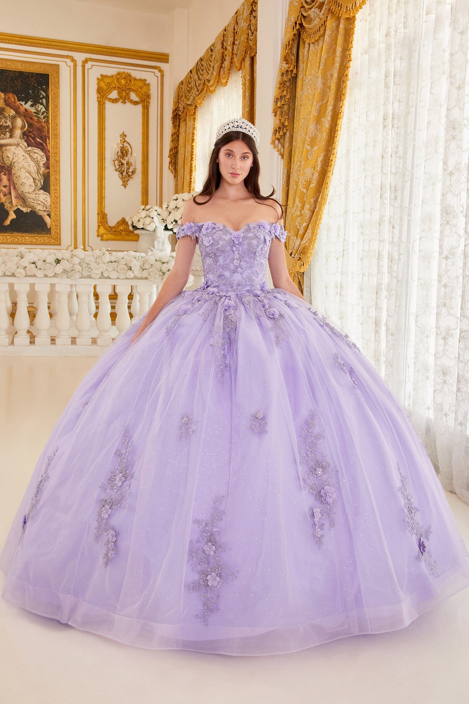 Floral Applique Off Shoulder Ball Gown