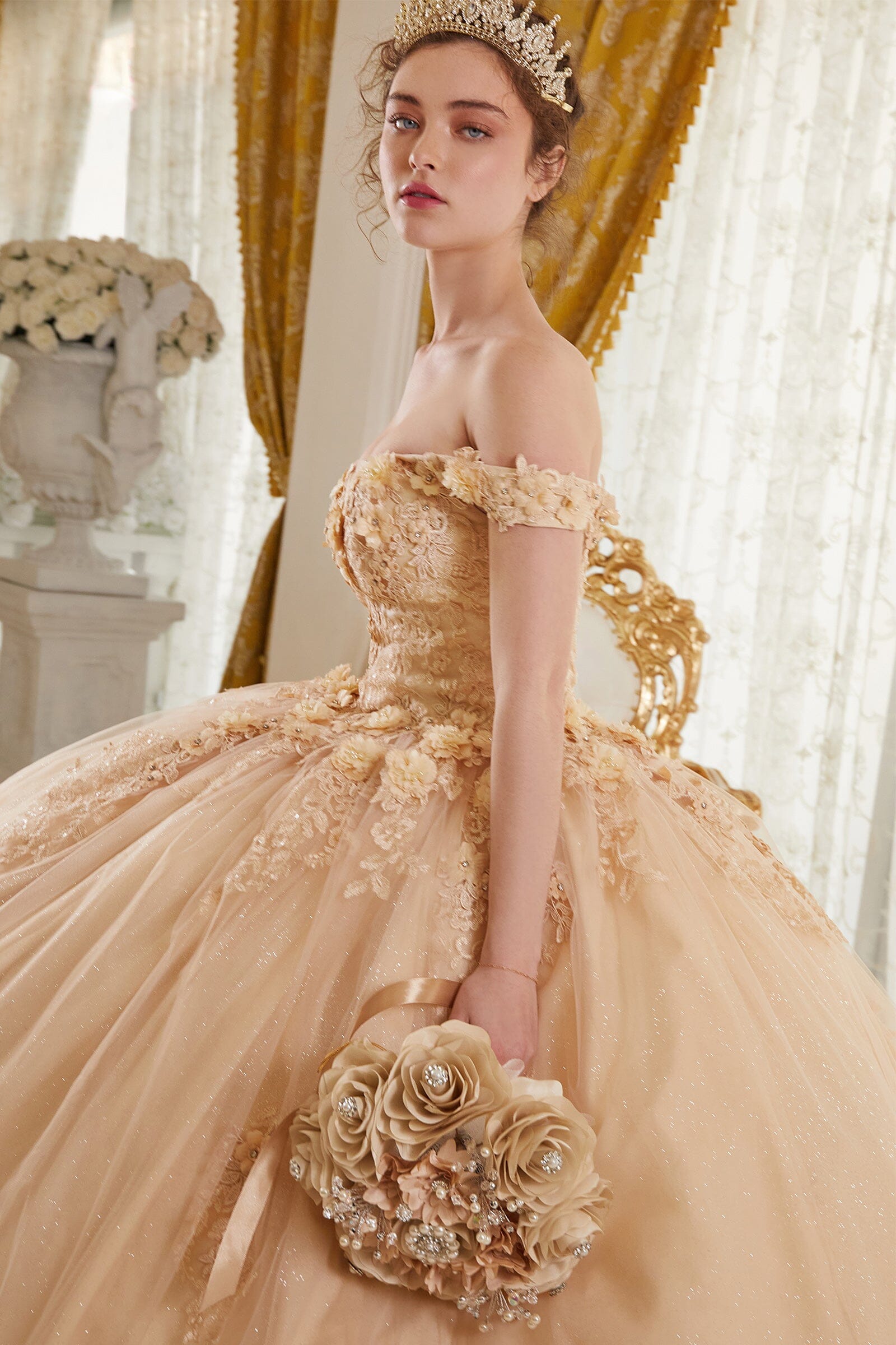 Floral Applique Off Shoulder Ball Gown