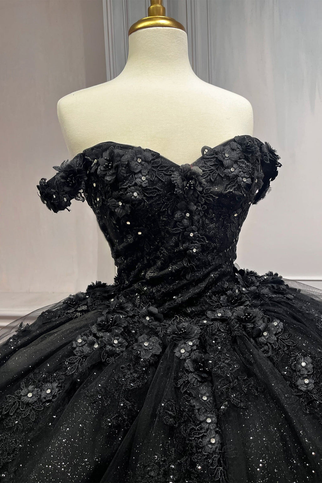 Floral Applique Off Shoulder Ball Gown