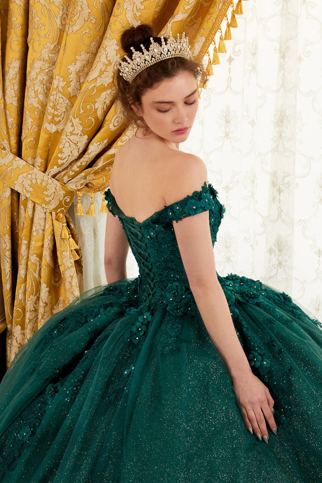 Floral Applique Off Shoulder Ball Gown
