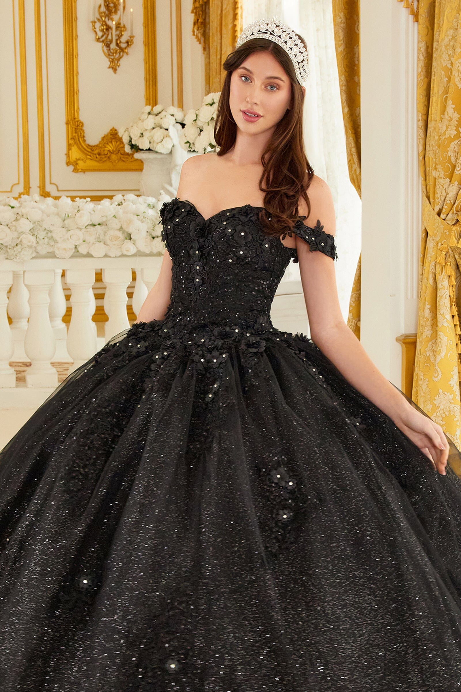 Floral Applique Off Shoulder Ball Gown
