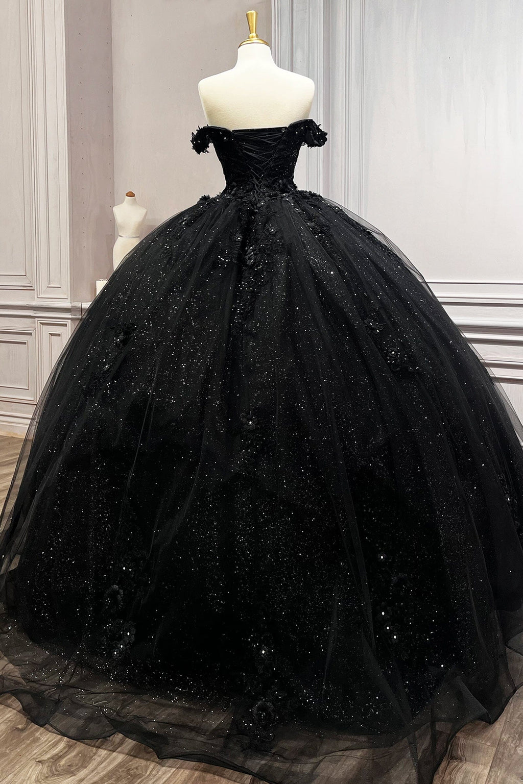 Floral Applique Off Shoulder Ball Gown