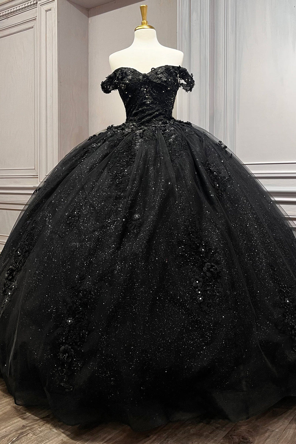 Floral Applique Off Shoulder Ball Gown