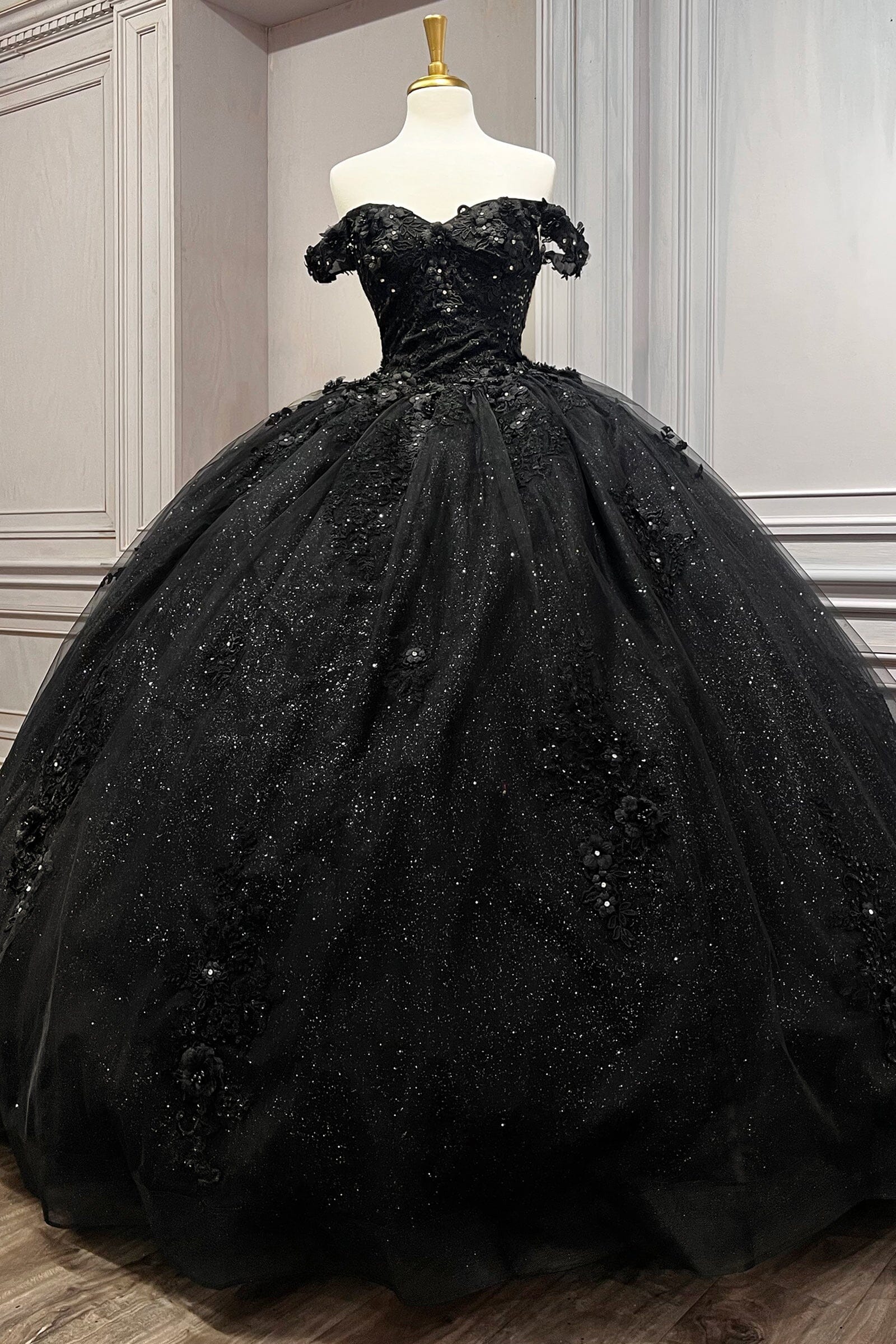 Floral Applique Off Shoulder Ball Gown