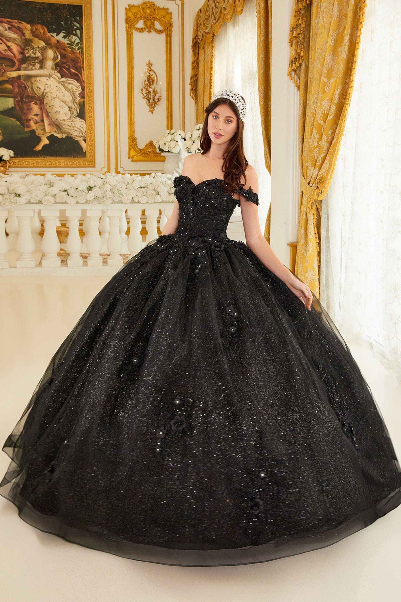 Floral Applique Off Shoulder Ball Gown