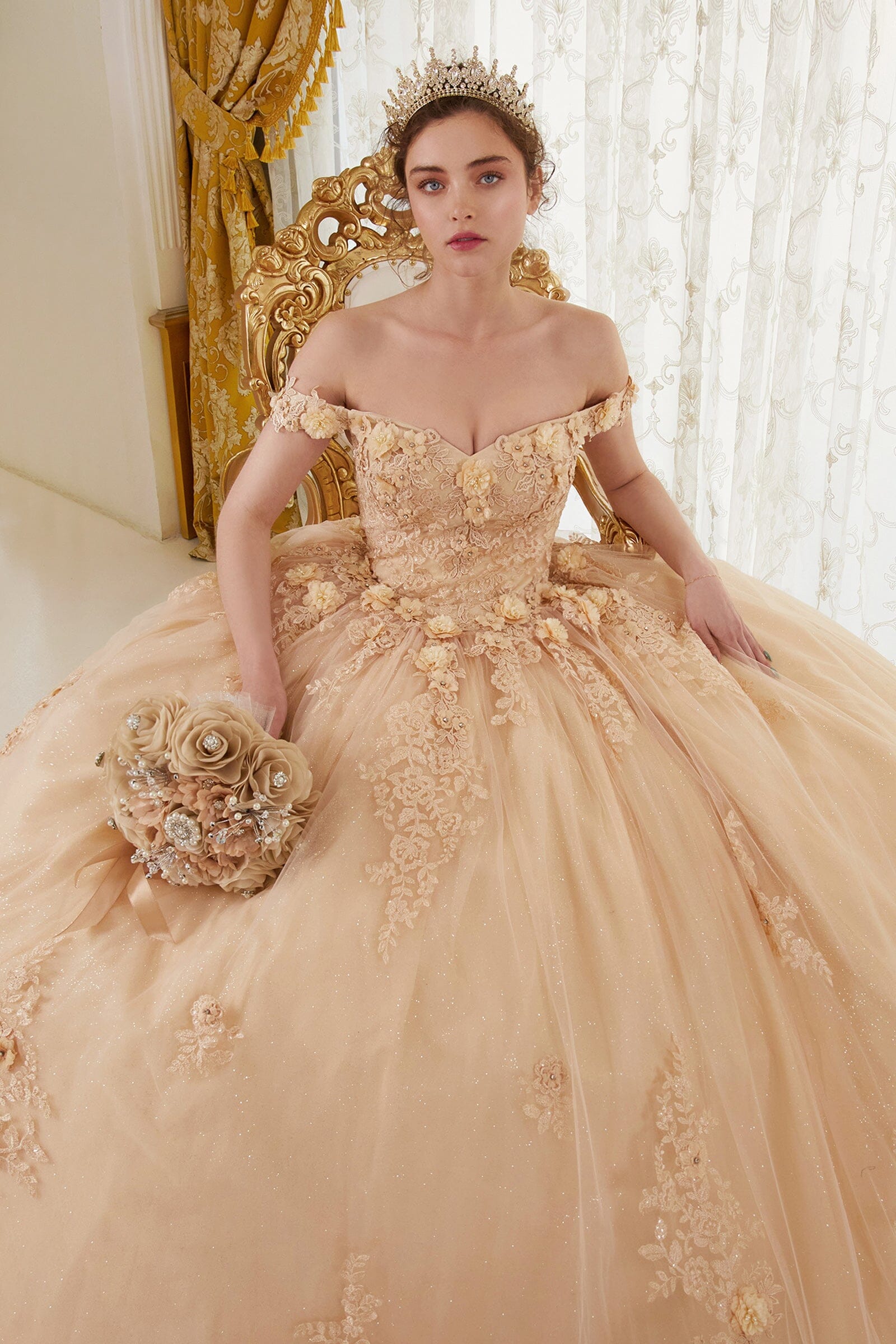Floral Applique Off Shoulder Ball Gown