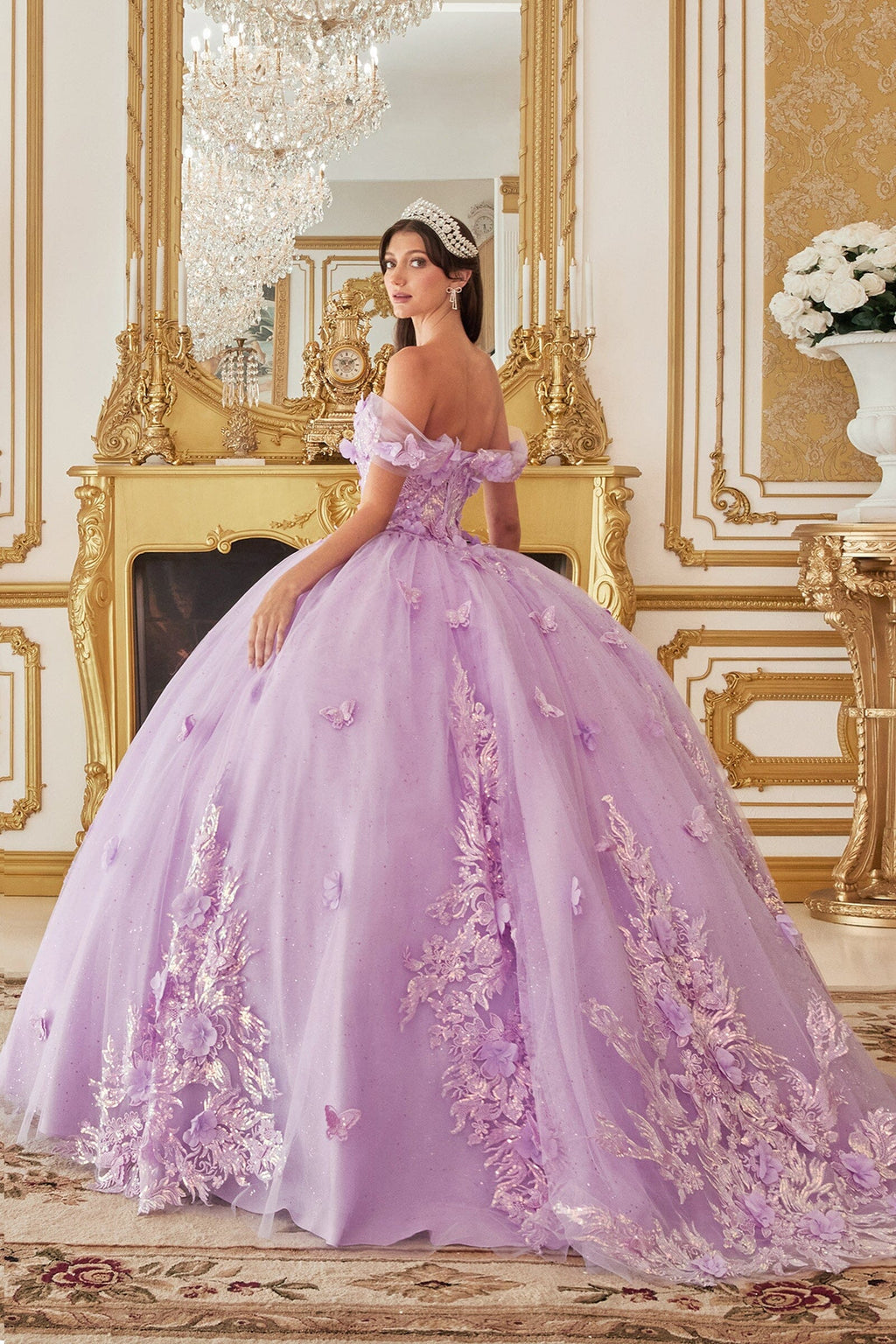 Floral Applique Off Shoulder Ball Gown
