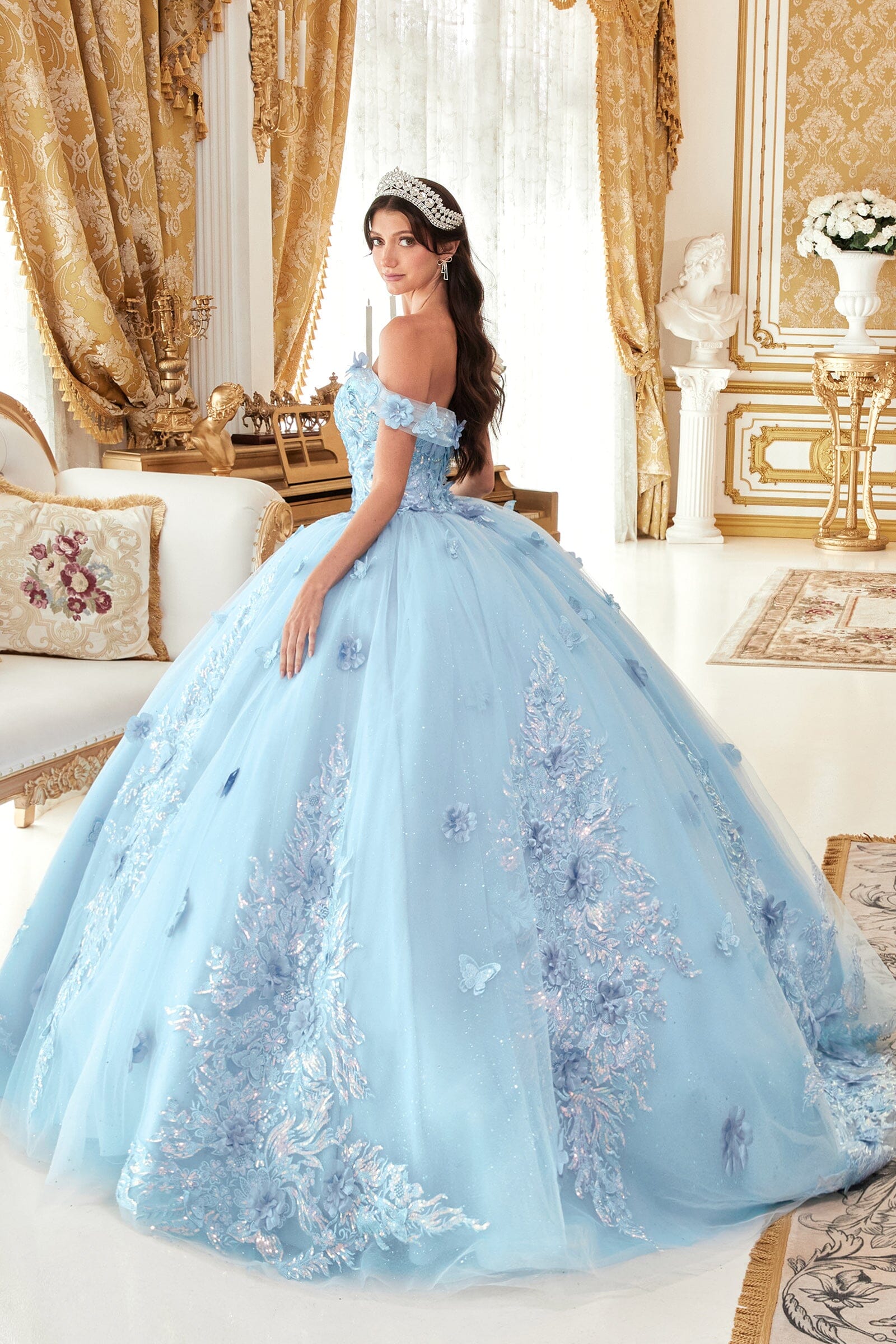 Floral Applique Off Shoulder Ball Gown