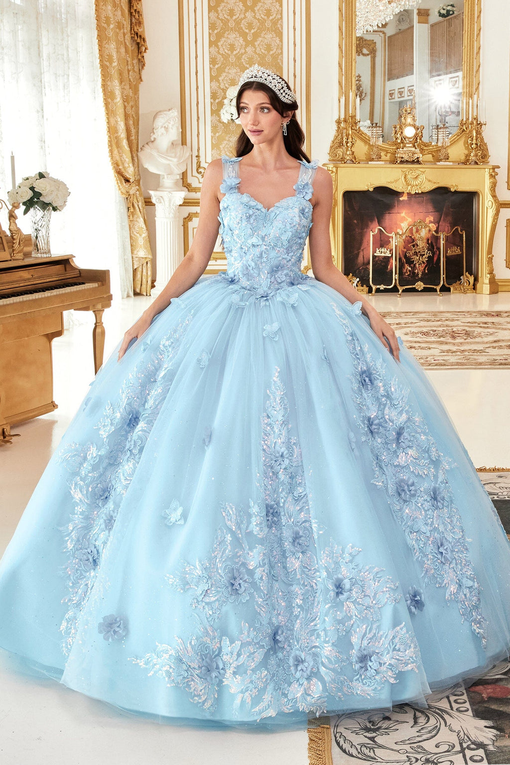Floral Applique Off Shoulder Ball Gown