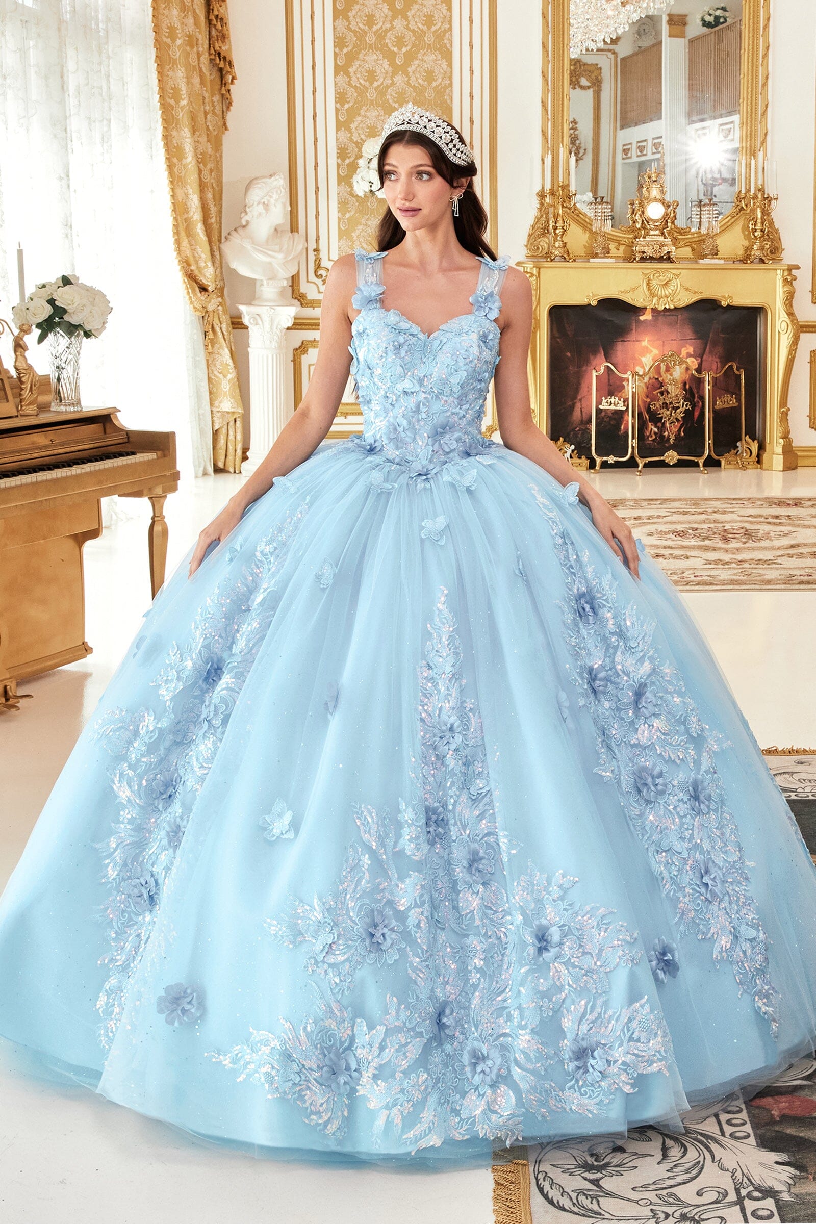 Floral Applique Off Shoulder Ball Gown