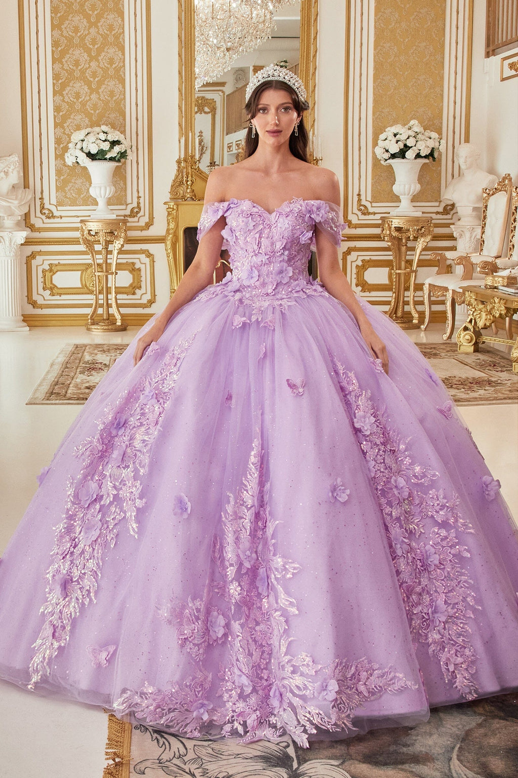 Floral Applique Off Shoulder Ball Gown