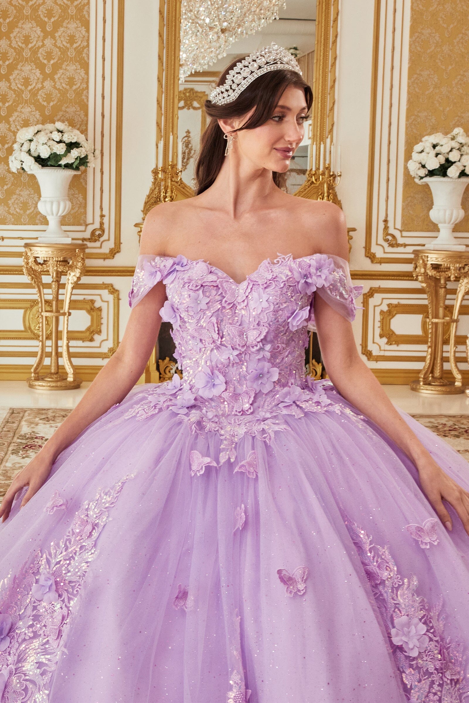 Floral Applique Off Shoulder Ball Gown