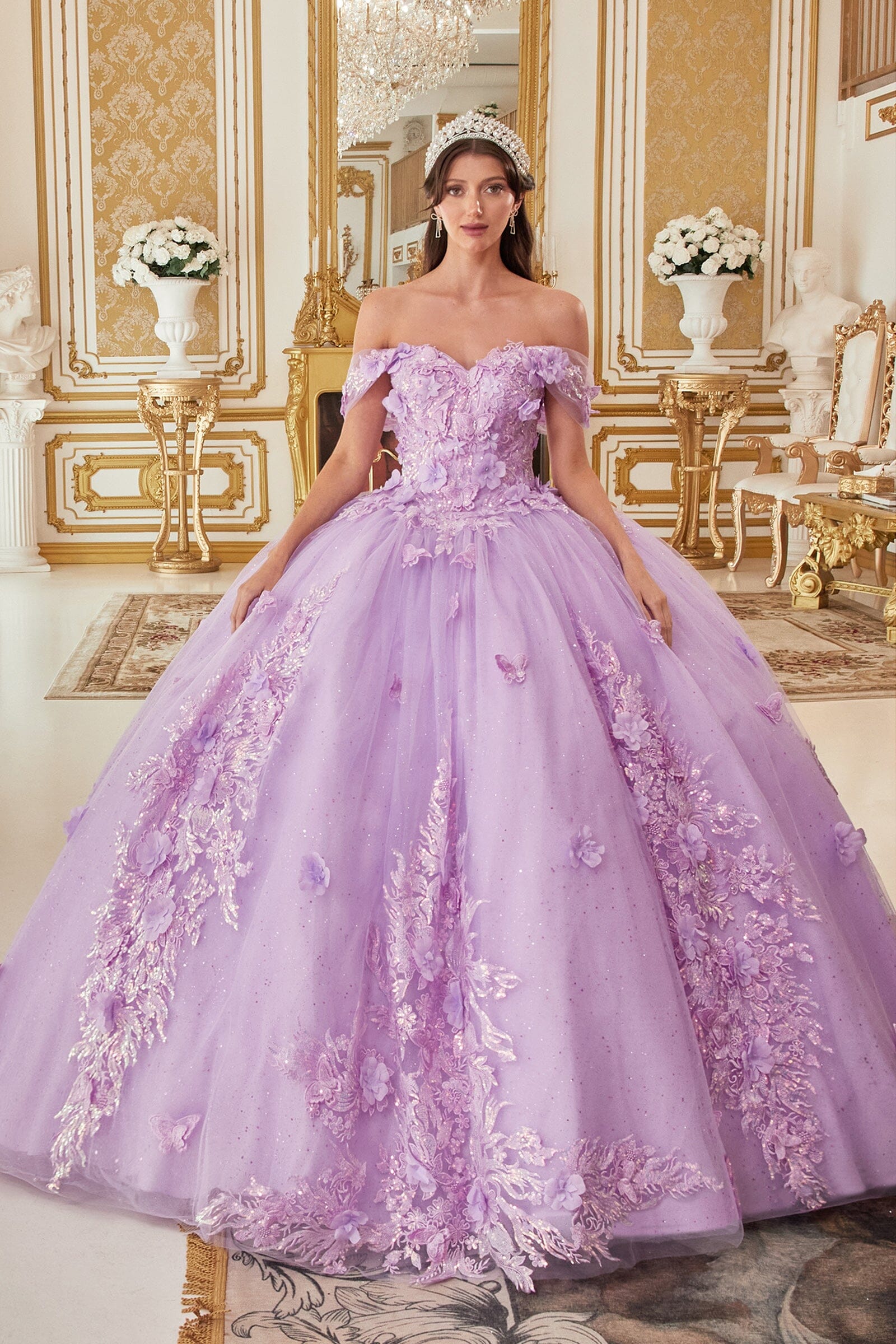 Floral Applique Off Shoulder Ball Gown