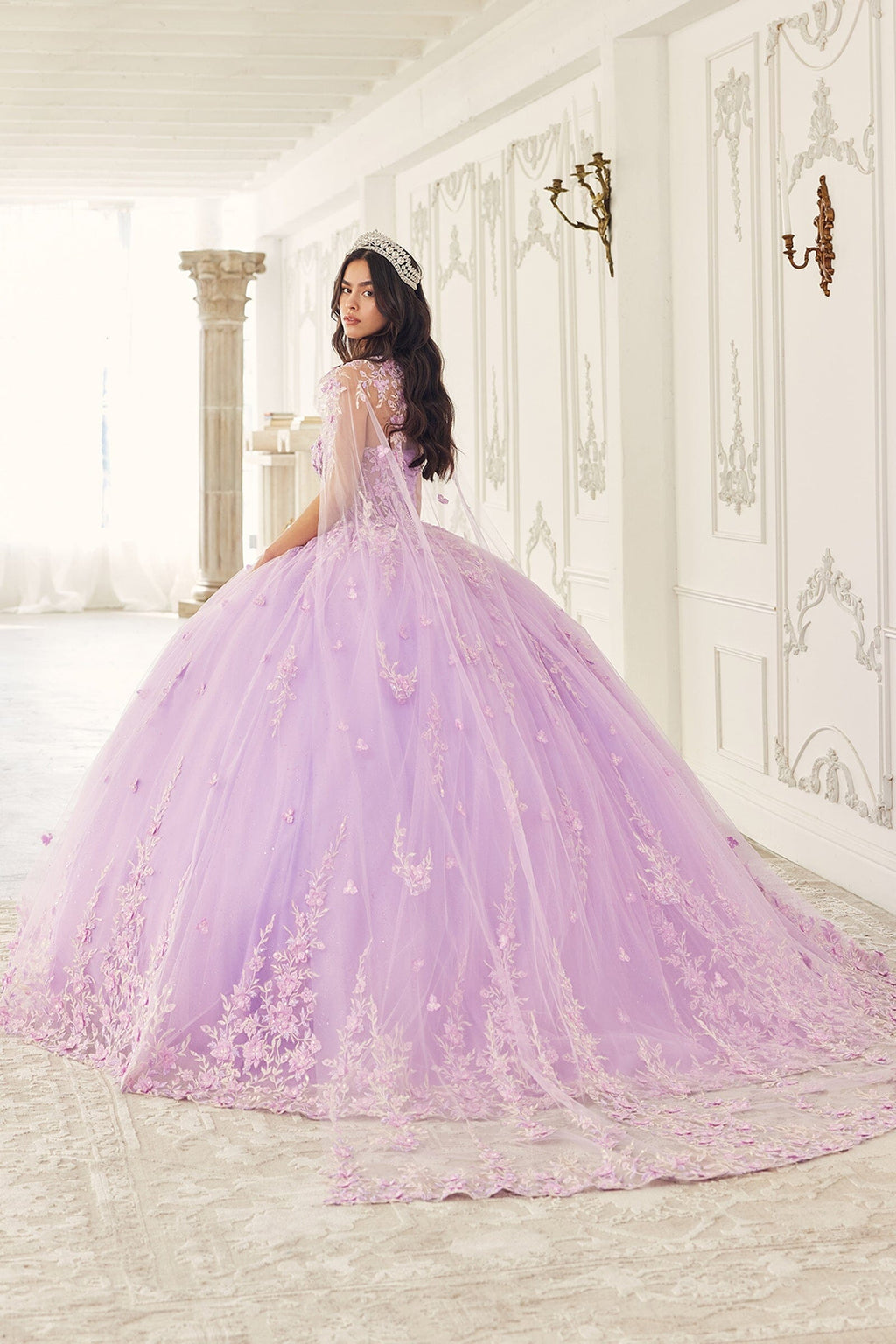 Floral Applique Strapless Cape Ball Gown