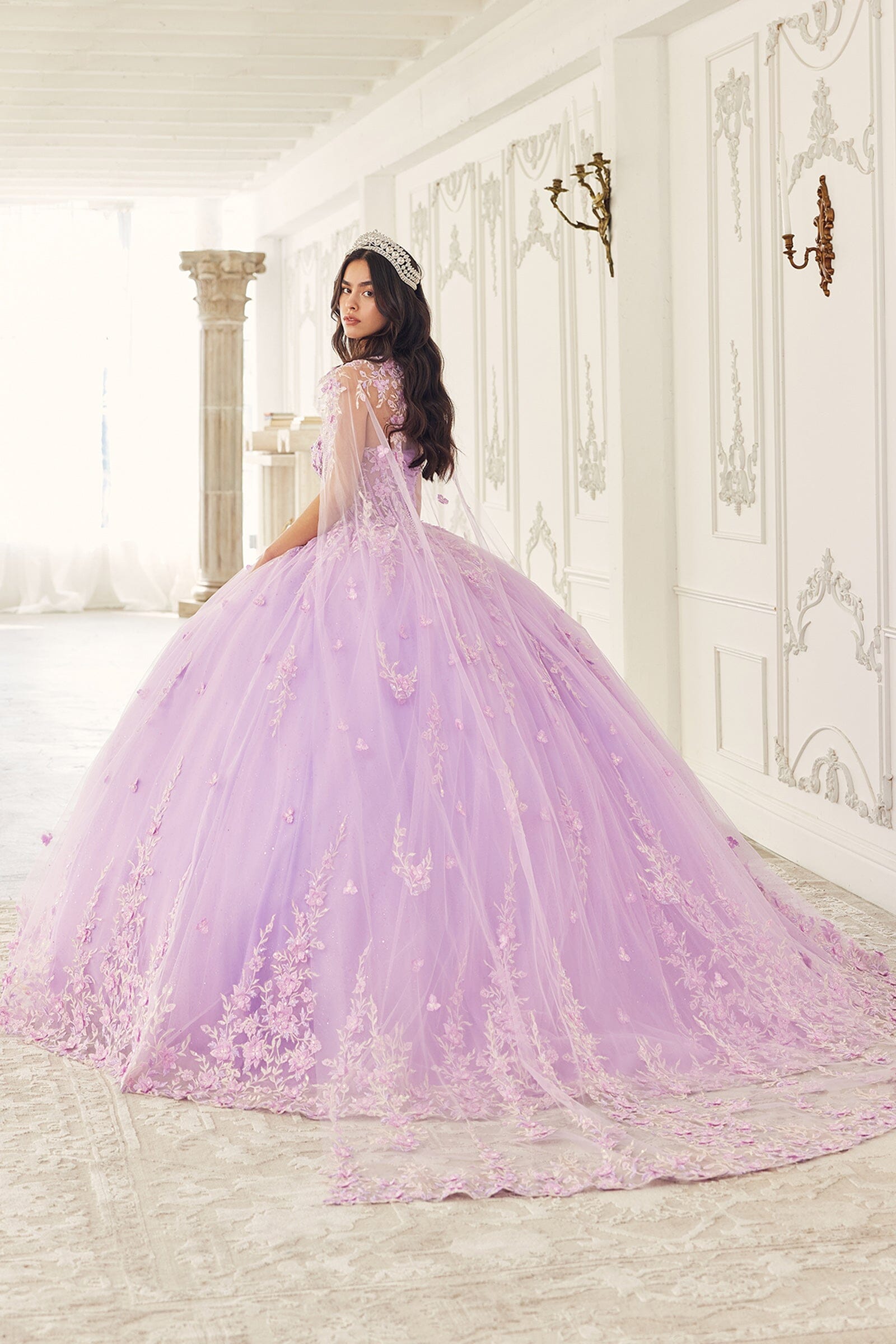 Floral Applique Strapless Cape Ball Gown