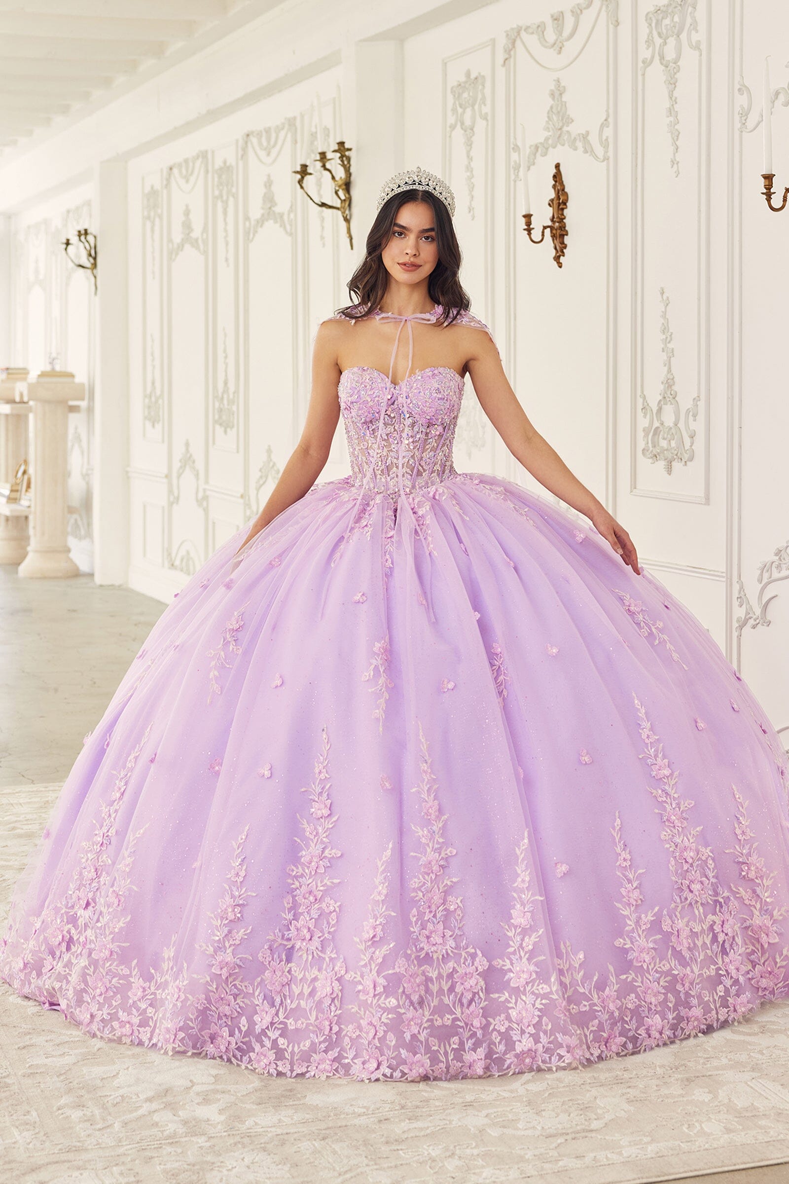 Floral Applique Strapless Cape Ball Gown