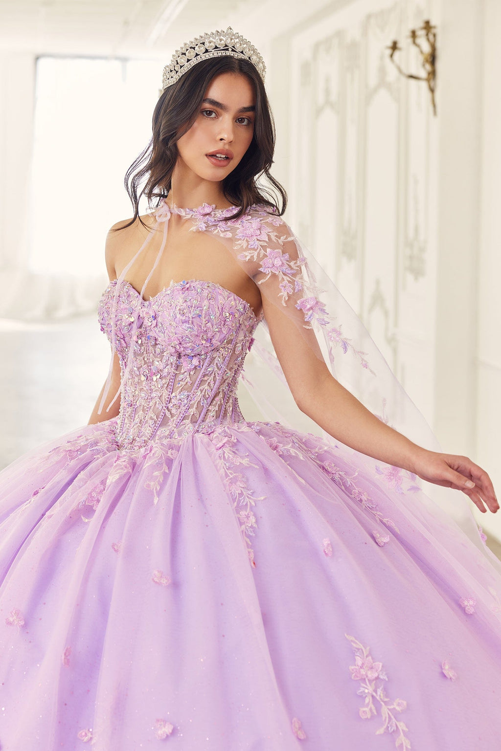 Floral Applique Strapless Cape Ball Gown