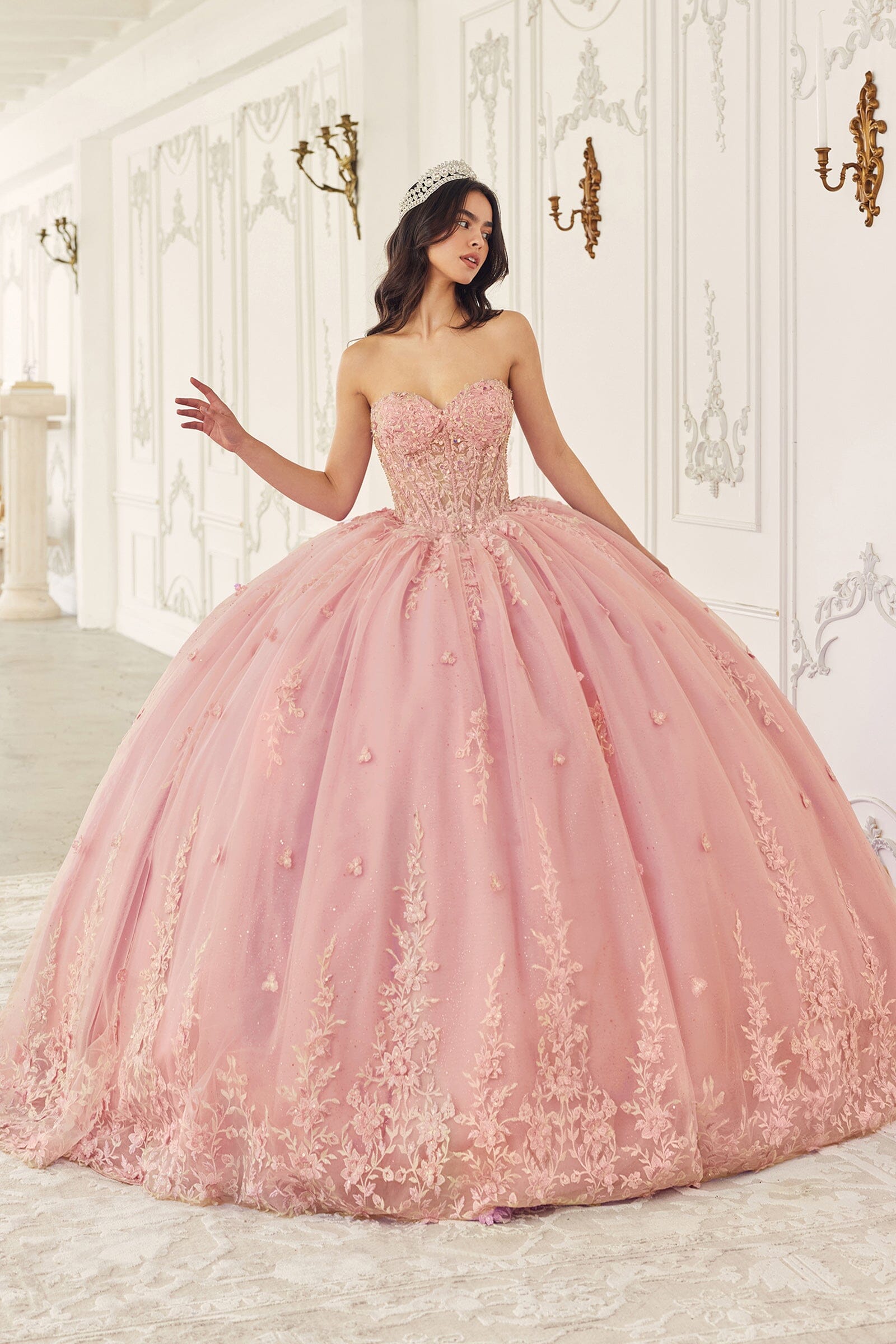 Floral Applique Strapless Cape Ball Gown