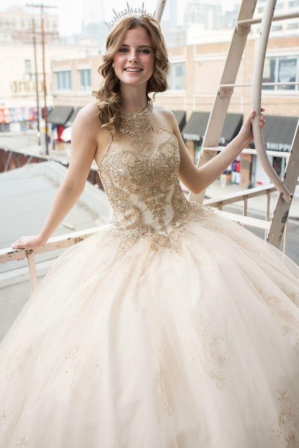 Glitter Print High Neck Quinceanera Dress by Calla SYL-19002