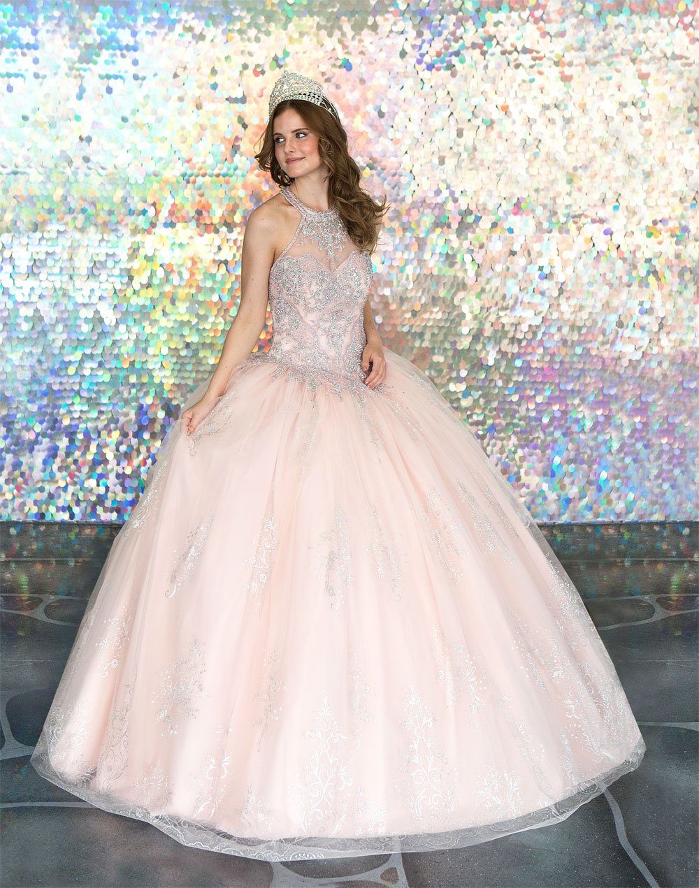 Glitter Print High Neck Quinceanera Dress by Calla SYL-19002