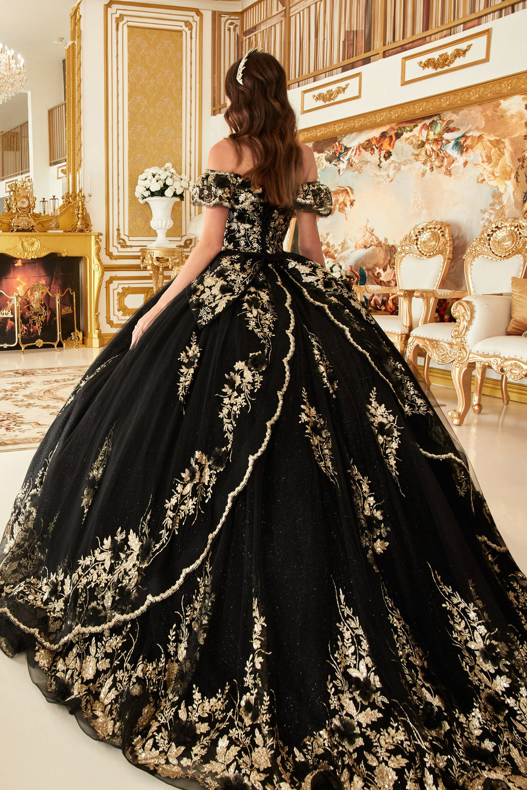 Glitter Print Off Shoulder Ball Gown