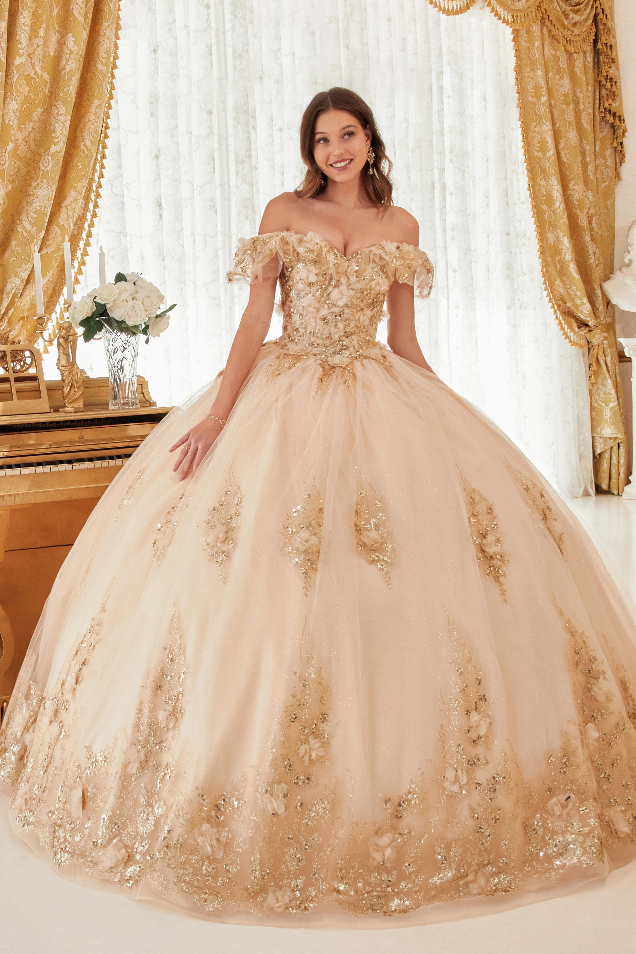 Glitter Print Off Shoulder Ball Gown