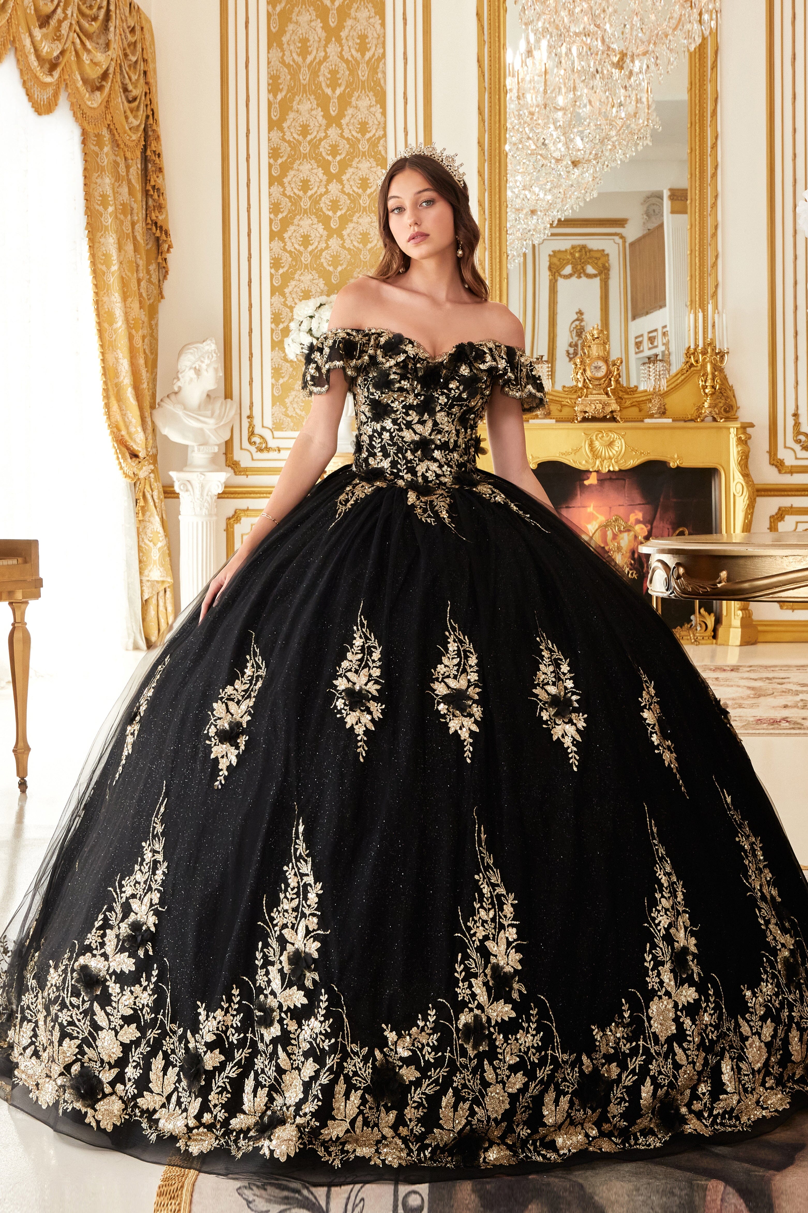 Glitter Print Off Shoulder Ball Gown