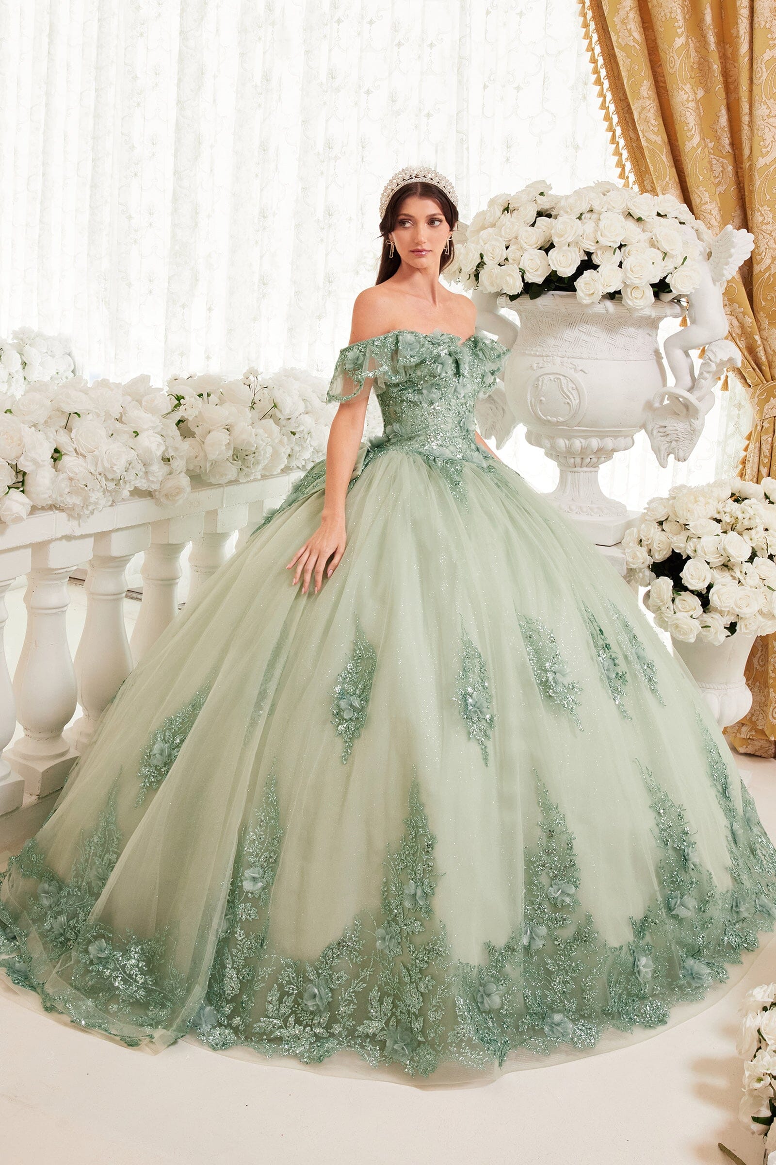 Glitter Print Off Shoulder Ball Gown