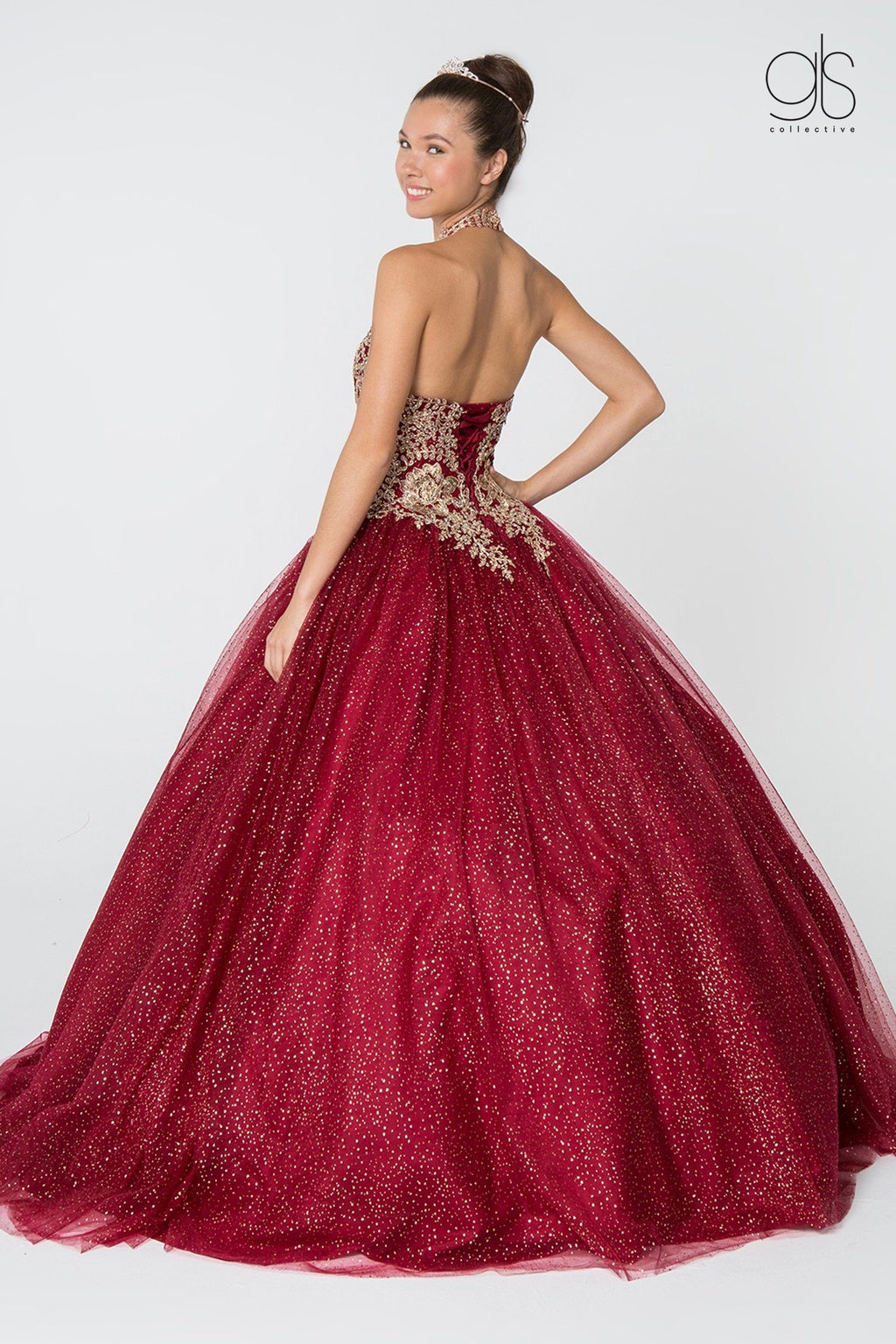 Gold Applique Halter Ball Gown with Glitter Skirt by Elizabeth K GL2805
