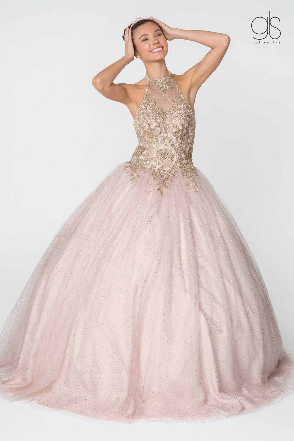 Gold Applique Halter Ball Gown with Glitter Skirt by Elizabeth K GL2805
